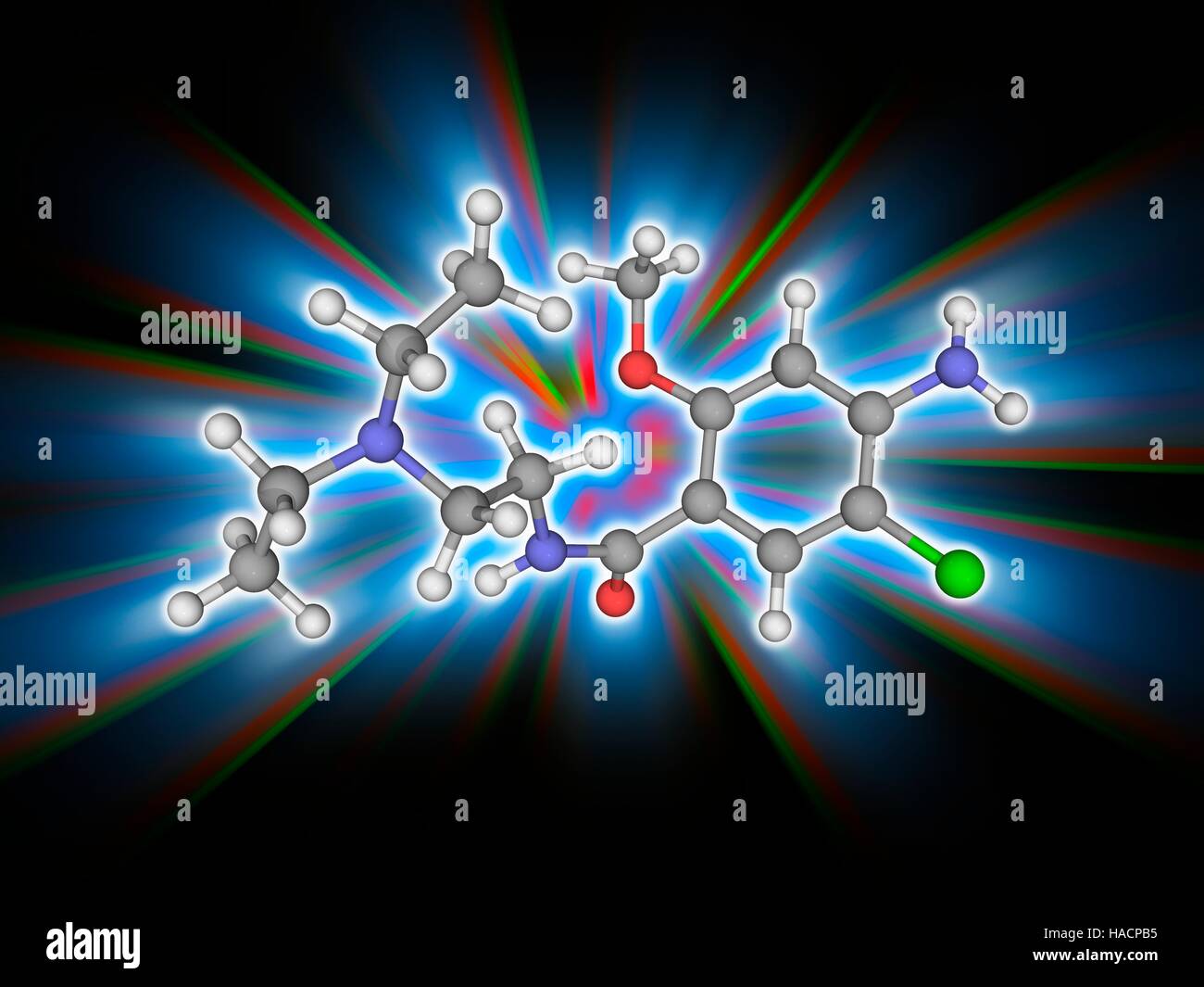 Metoclopramid. Molekulares Modell des Medikament Metoclopramid (C14. H22. Cl.N3.O2), ein Dopamin-Rezeptor-Antagonist zur Behandlung von Übelkeit und Erbrechen. Atome als Kugeln dargestellt werden und sind farblich gekennzeichnet: Kohlenstoff (grau), Wasserstoff (weiß), Stickstoff (blau), Sauerstoff (rot) und Chlor (grün). Abbildung. Stockfoto
