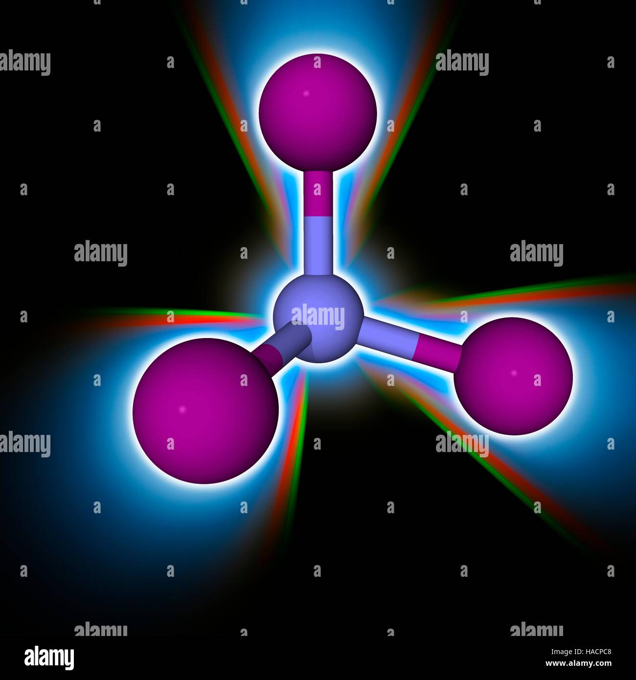 Stickstoff Triiodide. Molekulares Modell des explosiven chemischen Stickstoff Triiodide (N.I3). Dieser Sprengstoff ist extrem empfindlich gegenüber Erschütterungen. Atome als Kugeln dargestellt werden und sind farblich gekennzeichnet: Stickstoff (blau) und Jod (violett). Abbildung. Stockfoto