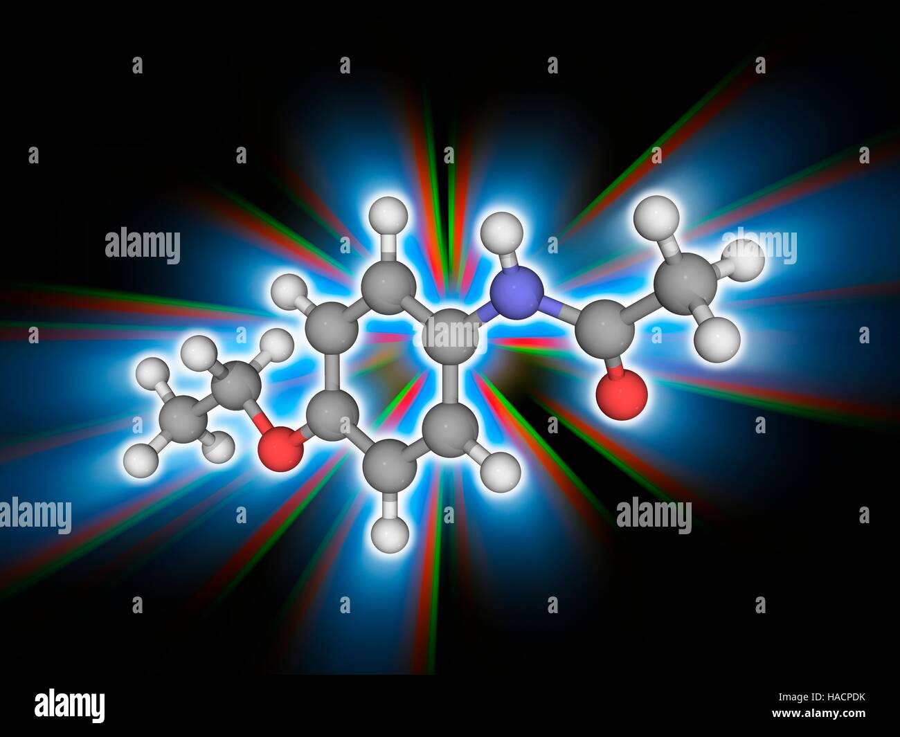 Phenacetin. Molekulares Modell des Analgetikum Phenacetin (C10. H13. N.O2). Dieser Konsum dieser Droge ist wegen seiner Nebenwirkungen zurückgegangen. Atome als Kugeln dargestellt werden und sind farblich gekennzeichnet: Kohlenstoff (grau), Wasserstoff (weiß), Stickstoff (blau) und Sauerstoff (rot). Abbildung. Stockfoto