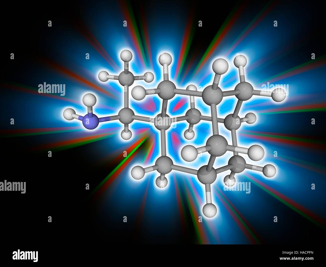 Rimantadine. Molekülmodell antivirale Medikament Rimantadine (C12. H21. (N), als Flumadine vermarktet. Dieses Medikament wird zur Behandlung von Influenza-A-Infektionen. Atome als Kugeln dargestellt werden und sind farblich gekennzeichnet: Kohlenstoff (grau), Wasserstoff (weiß) und Stickstoff (blau). Abbildung. Stockfoto