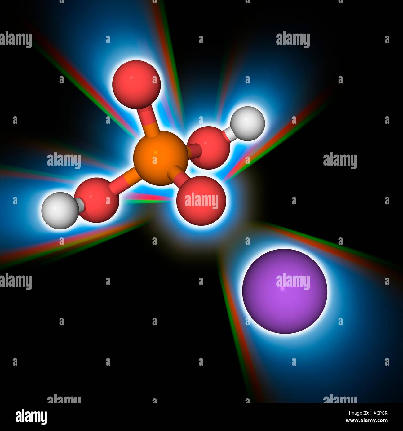 Mononatrium-Phosphat. Molekulares Modell des chemischen Verbindung Mononatrium-Phosphat (Na.H2.P.O4), als Lebensmittelzusatzstoff, Verdickungsmittel und Emulgator verwendet. Atome als Kugeln dargestellt werden und sind farblich gekennzeichnet: Phosphor (orange), Wasserstoff (weiß), Sauerstoff (rot) und Natrium (violett). Abbildung. Stockfoto