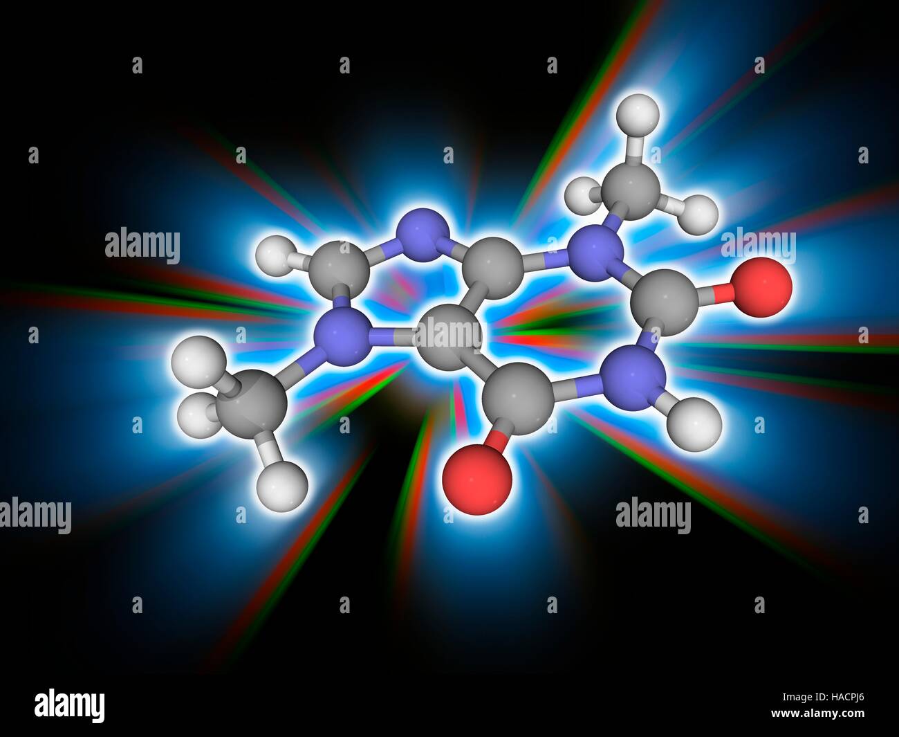 Theobromin. Molekülmodell bittere Alkaloid chemische Theobromin (C7. H8. N4. O2), gefunden in der Kakao-Pflanze und Produkte aus Pflanzen wie Kakao und Schokolade. Atome als Kugeln dargestellt werden und sind farblich gekennzeichnet: Kohlenstoff (grau), Wasserstoff (weiß), Stickstoff (blau) und Sauerstoff (rot). Abbildung. Stockfoto