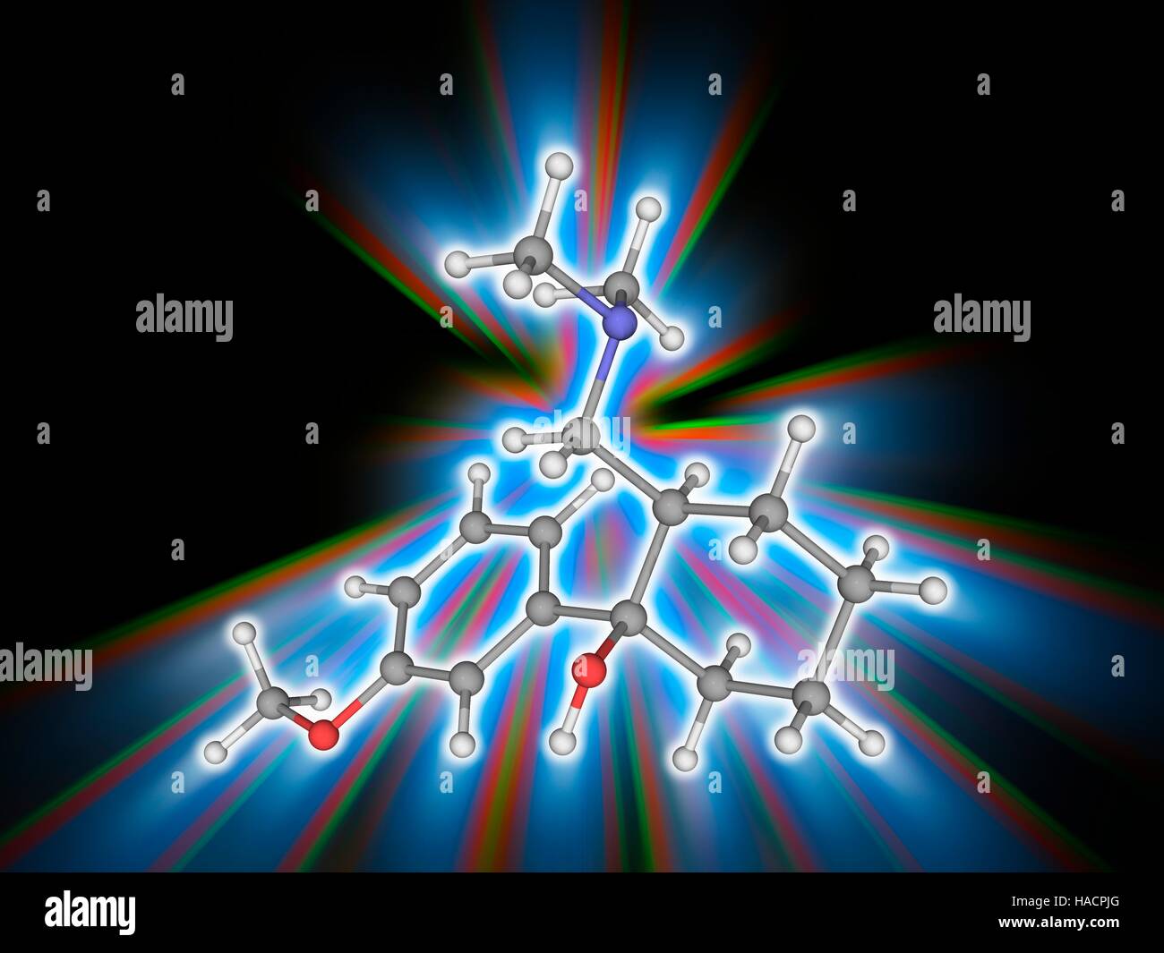 Tramadol. Molekulares Modell des Medikaments Tramadol (C16. H25. N.O2), eine zentral wirkende synthetische opioid-Analgetikum zur Behandlung von starken Schmerzen. Atome als Kugeln dargestellt werden und sind farblich gekennzeichnet: Kohlenstoff (grau), Wasserstoff (weiß), Stickstoff (blau) und Sauerstoff (rot). Abbildung. Stockfoto