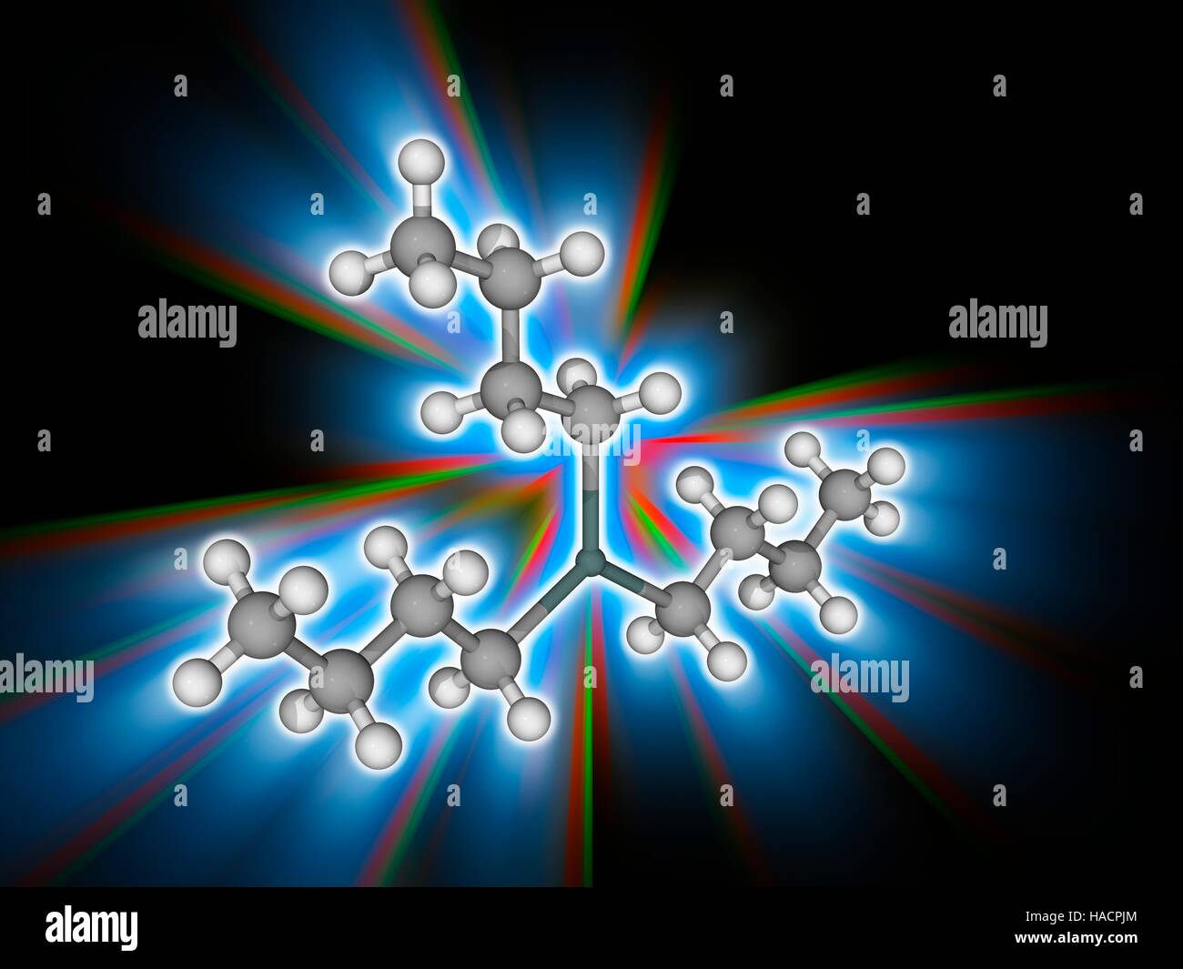 Tributyltin Hydride. Molekulares Modell des Zinn-haltige organische Verbindung Tributyltin Hydride (Sn.C12.H28). Diese farblose Flüssigkeit ist als Quelle von Wasserstoff-Atomen in der organischen Synthese verwendet. Atome als Kugeln dargestellt werden und sind farblich gekennzeichnet: Zinn (dunkelgrün), Kohlenstoff (grau) und Wasserstoff (weiß). Abbildung. Stockfoto
