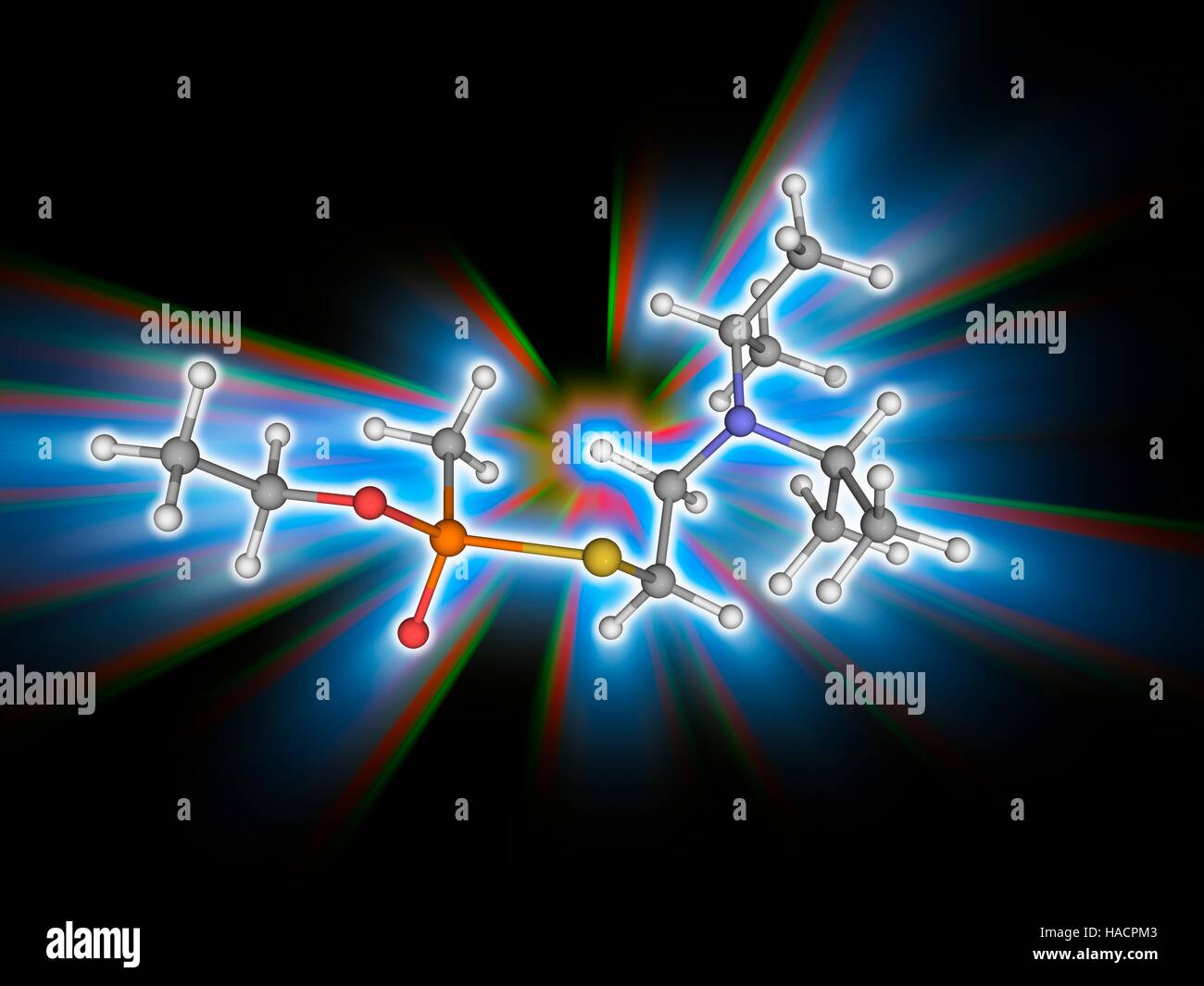 VX-Nervengas. Molekülmodell äußerst toxisches Nervengift VX (C11. H26. N.O2. PS), als eine Massenvernichtungswaffe in chemische Kampfstoffe verwendet. Atome als Kugeln dargestellt werden und sind farblich gekennzeichnet: Kohlenstoff (grau), Wasserstoff (weiß), Stickstoff (blau), Sauerstoff (rot), Schwefel (gelb) und Phosphor (orange). Abbildung. Stockfoto