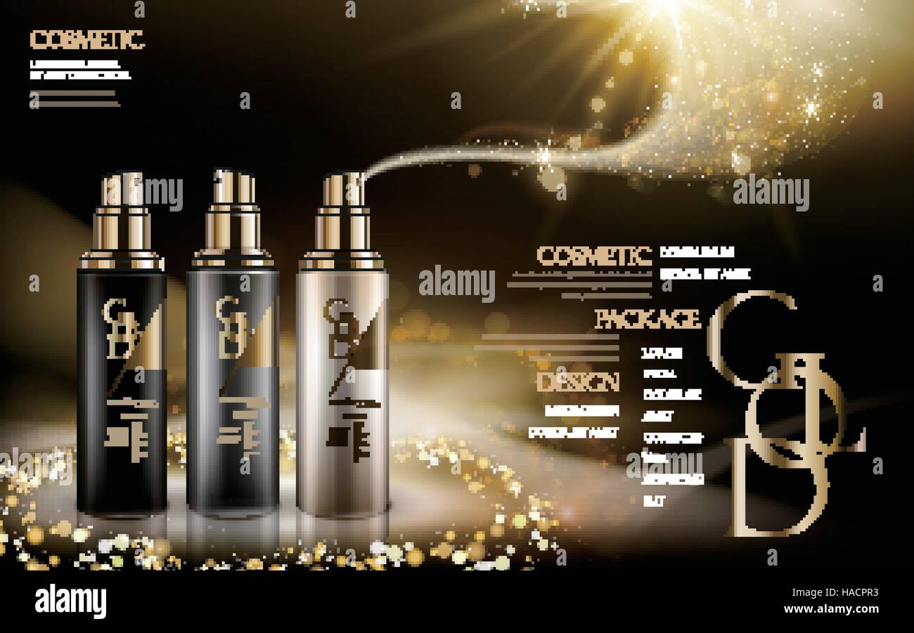 kosmetisches Caontained in drei verschiedenen Farben von Flaschen, mit Logo und goldene Pulver, schwarzer Hintergrund, 3d illustration Stock Vektor