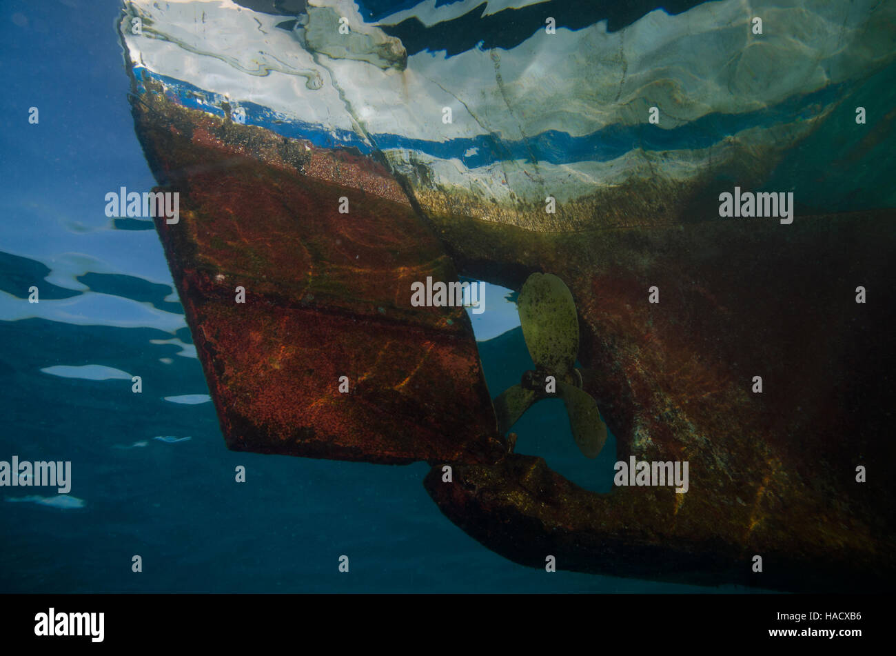 Seitenansicht der hell farbigen Boot von Unterwasser mit Propeller und Ruder. Stockfoto