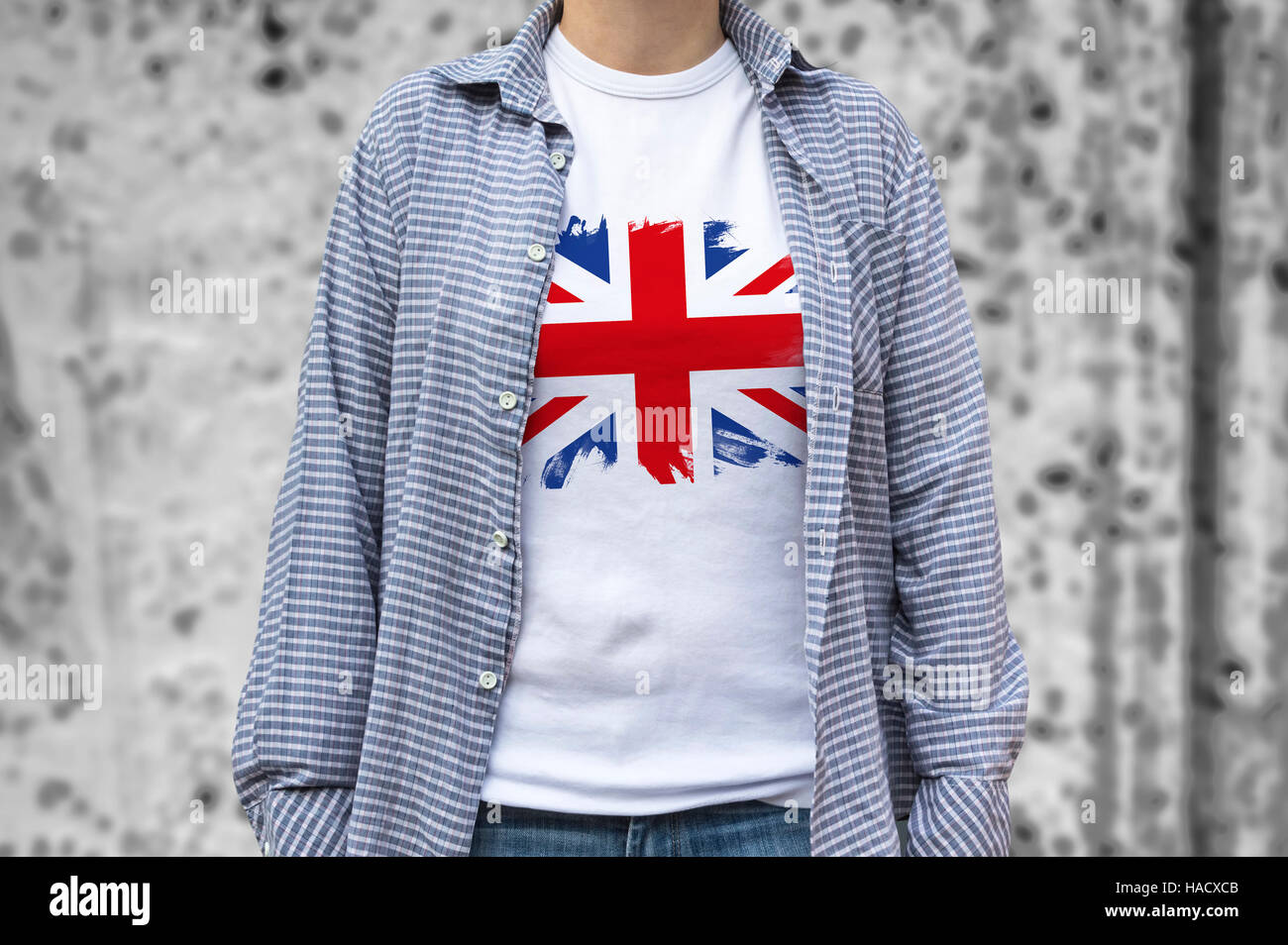 Großbritannien Flagge Drucken auf T-shirt. Selektiven Fokus. Stockfoto