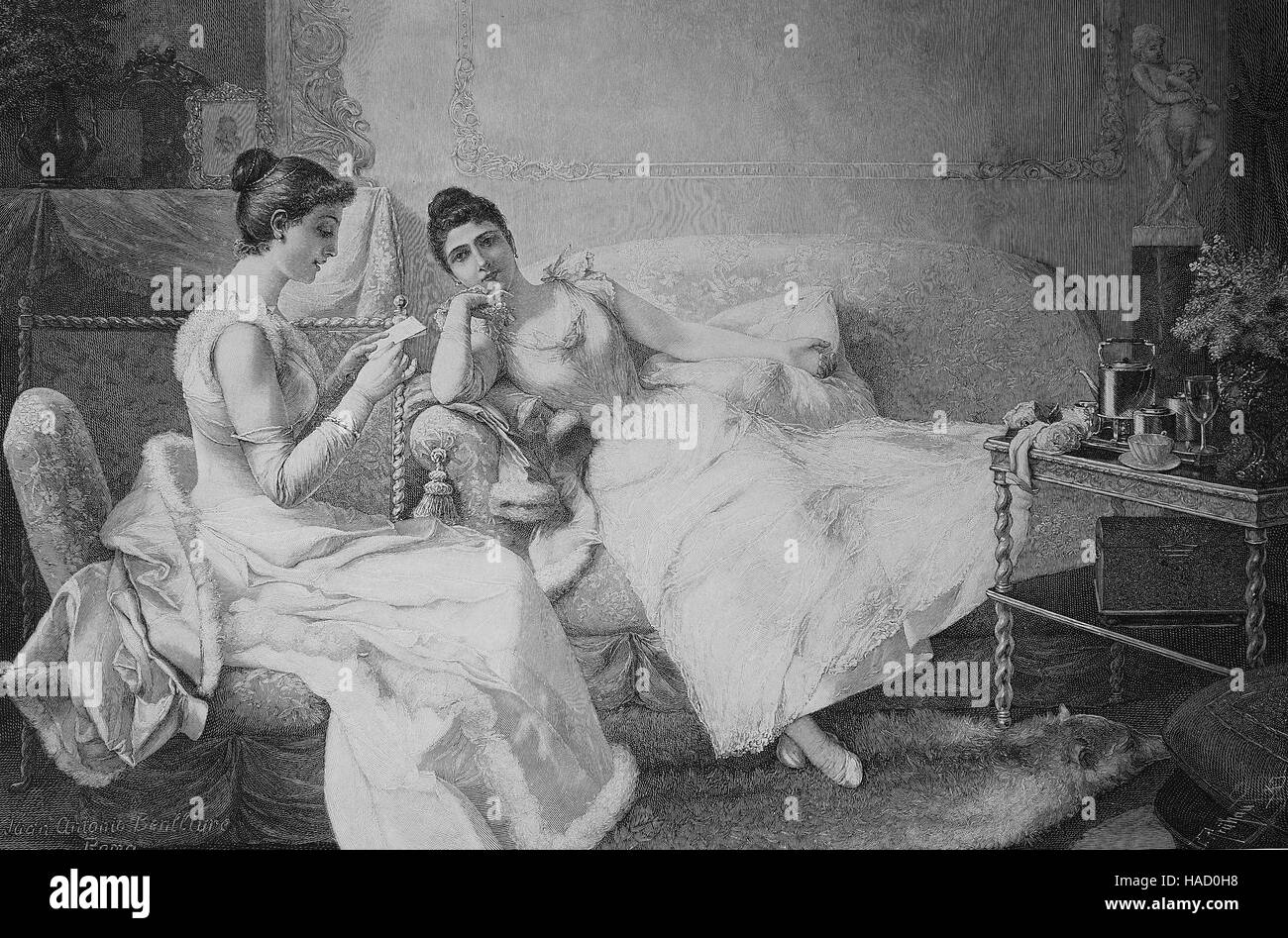 Zwei angesehenen Frauen zu Hause in ihrem Zimmer. Eine Frau erhielt eine Begrüßungsnachricht Illustration veröffentlicht 1880 Stockfoto