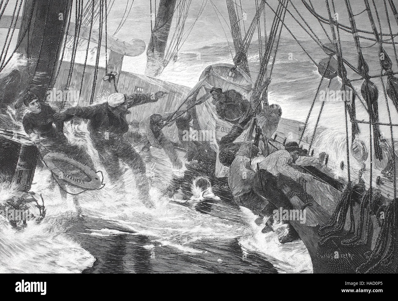 Shipwrecking ist das Ereignis, das verursacht das Wrack, wie die Streichung von etwas, das bewirkt, das Schiff zu versenken dass, Illustration veröffentlicht 1880 Stockfoto