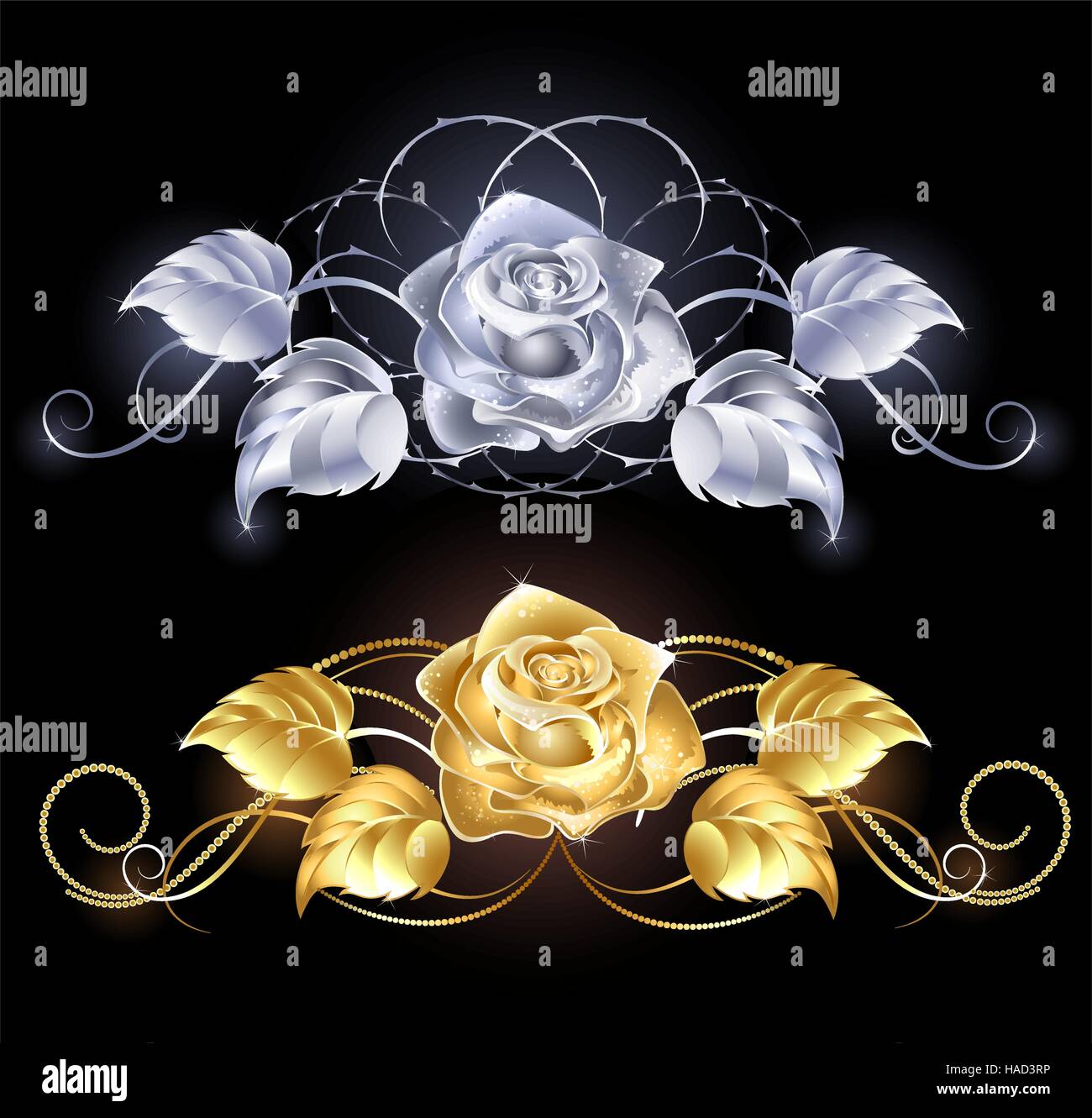zwei glänzende, goldene Rose, Gold und Silber auf schwarzem Hintergrund Stock Vektor