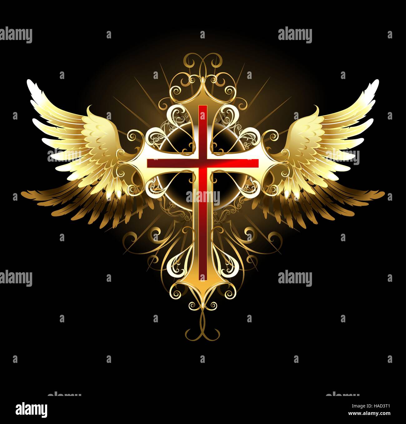 Gold, gemustert, Kreuz Schmuck mit goldenen Flügeln auf einem schwarzen Hintergrund. Gothick Stil. Stock Vektor