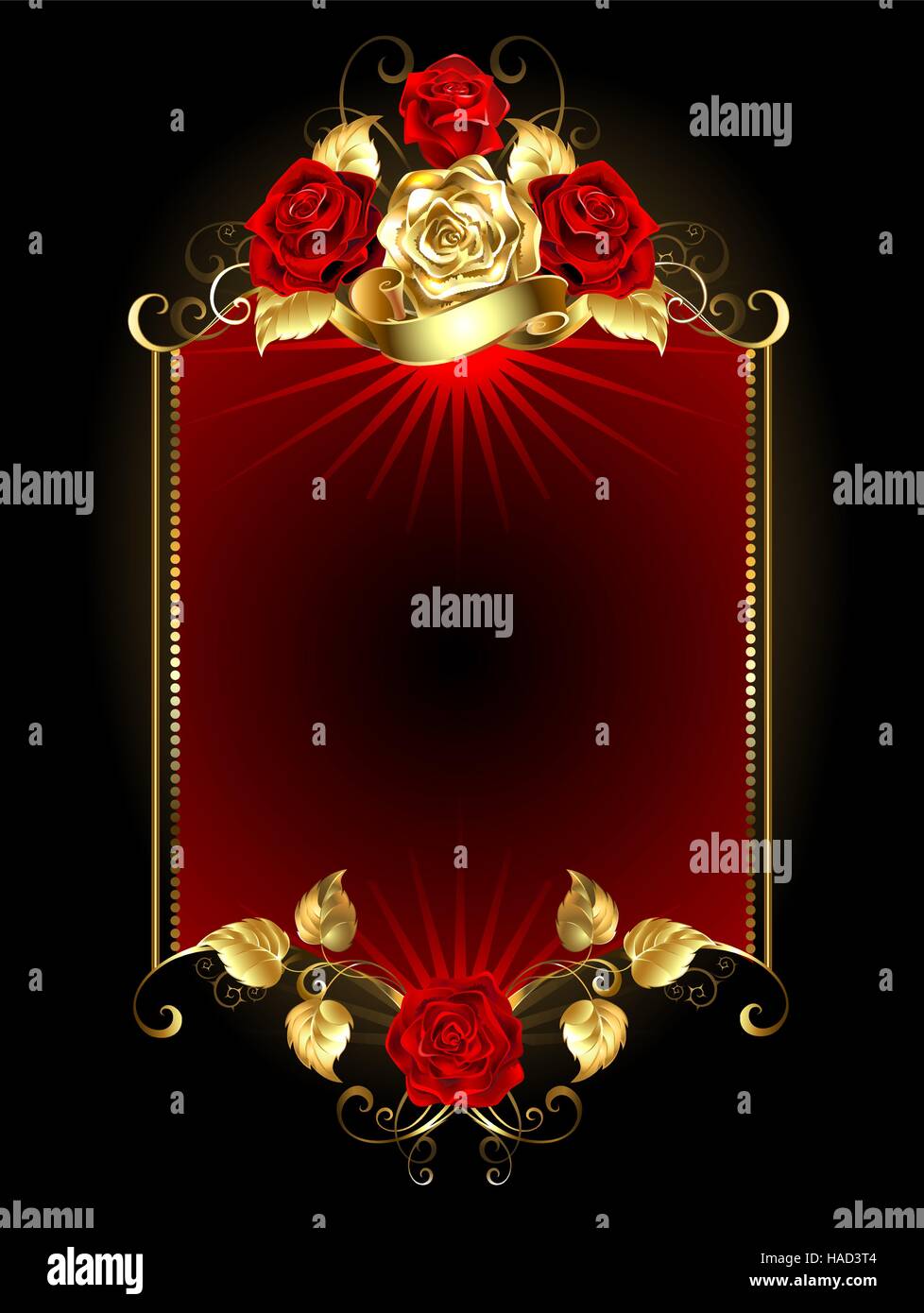rote Fahne mit gold und rote Rosen auf einem dunklen Hintergrund. Stock Vektor