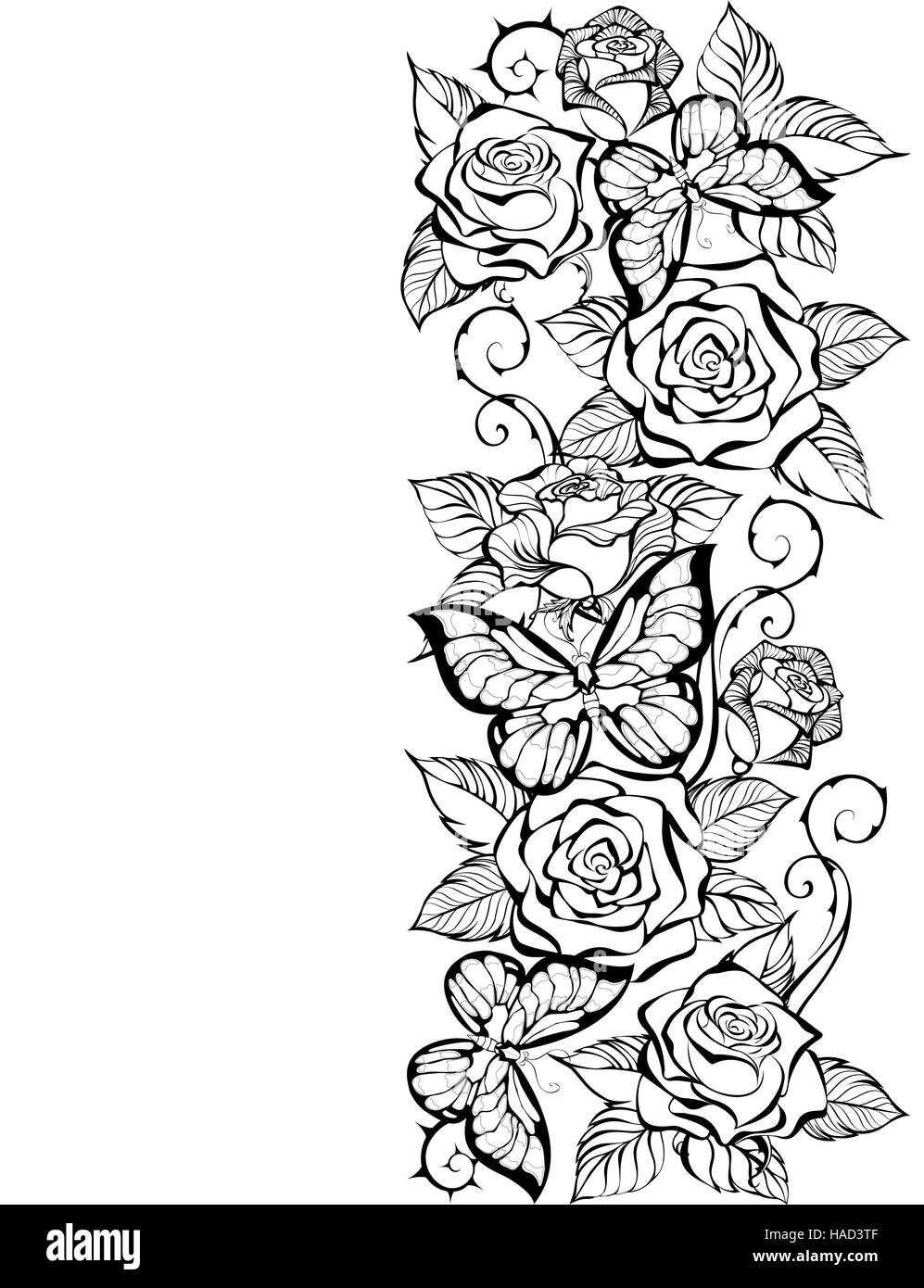 Grenze der Kontur von Rosen und Schmetterlingen auf einem weißen Hintergrund. Malbuch. Design mit Rosen und Schmetterlinge. Stock Vektor