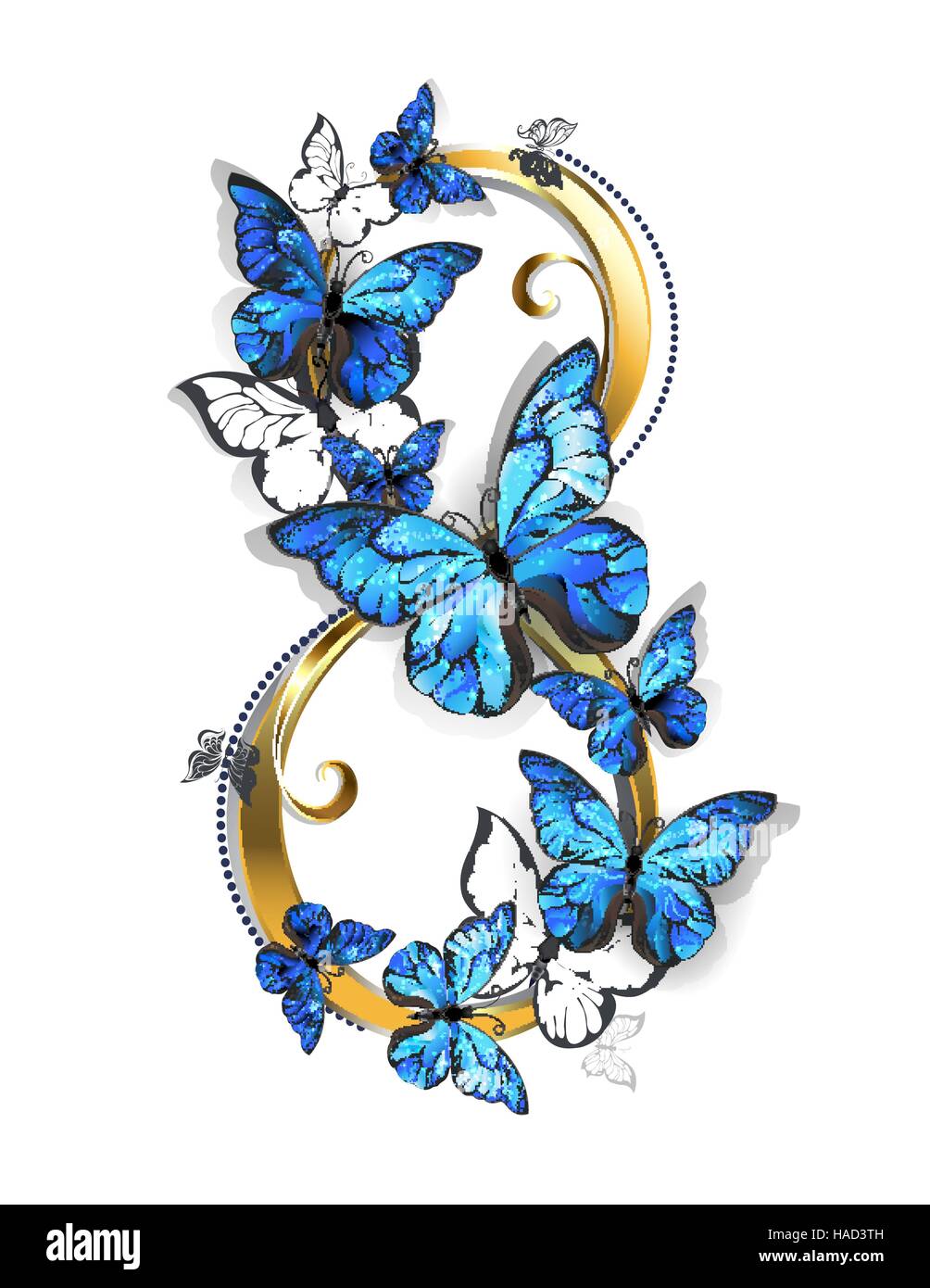 Achter von Gold, verziert mit realistischen blaue Schmetterlinge Morpho auf weißem Hintergrund. Design mit Schmetterlingen. Morpho. Design mit blauen butter Stock Vektor