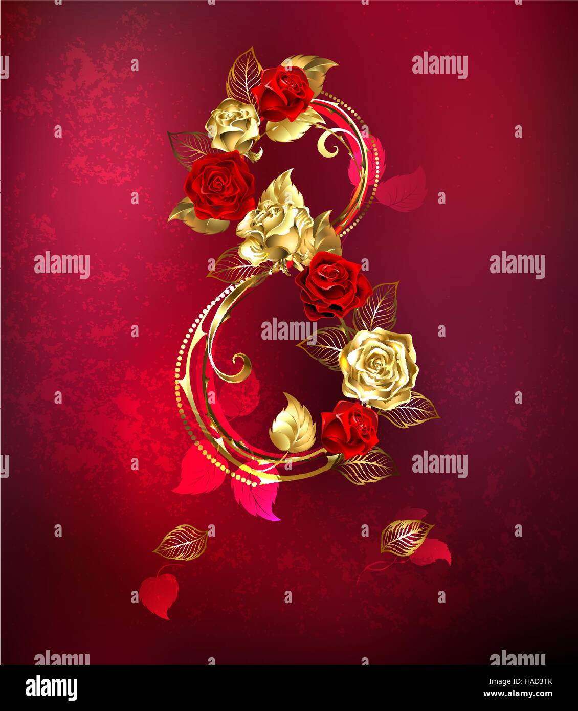 Acht der verwoben gold und roter Roses auf rotem Hintergrund Textur. Stock Vektor