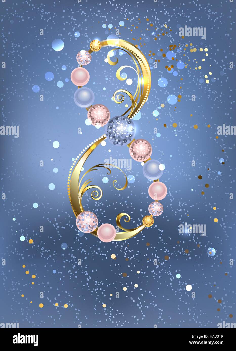 Acht Gold, verziert mit Rosenquarz Perlen von Farbe und Gelassenheit auf blauem Hintergrund Textur. 8. März - Frauentag Stock Vektor