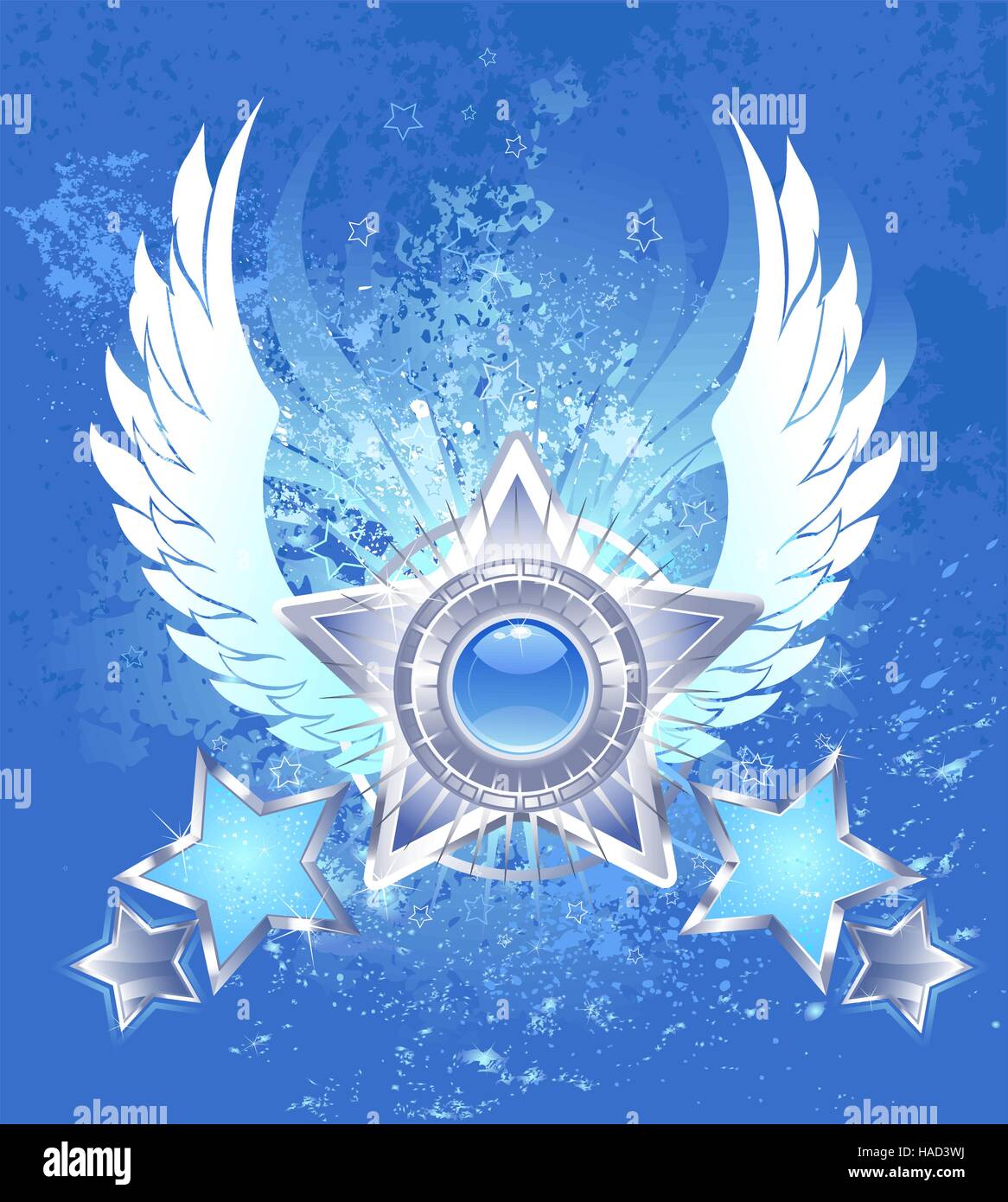 fünf Silber Stern mit weißen stilisierten Flügeln auf einem blauen Hintergrund Schaft-Spritzwasser blau lackiert Stock Vektor