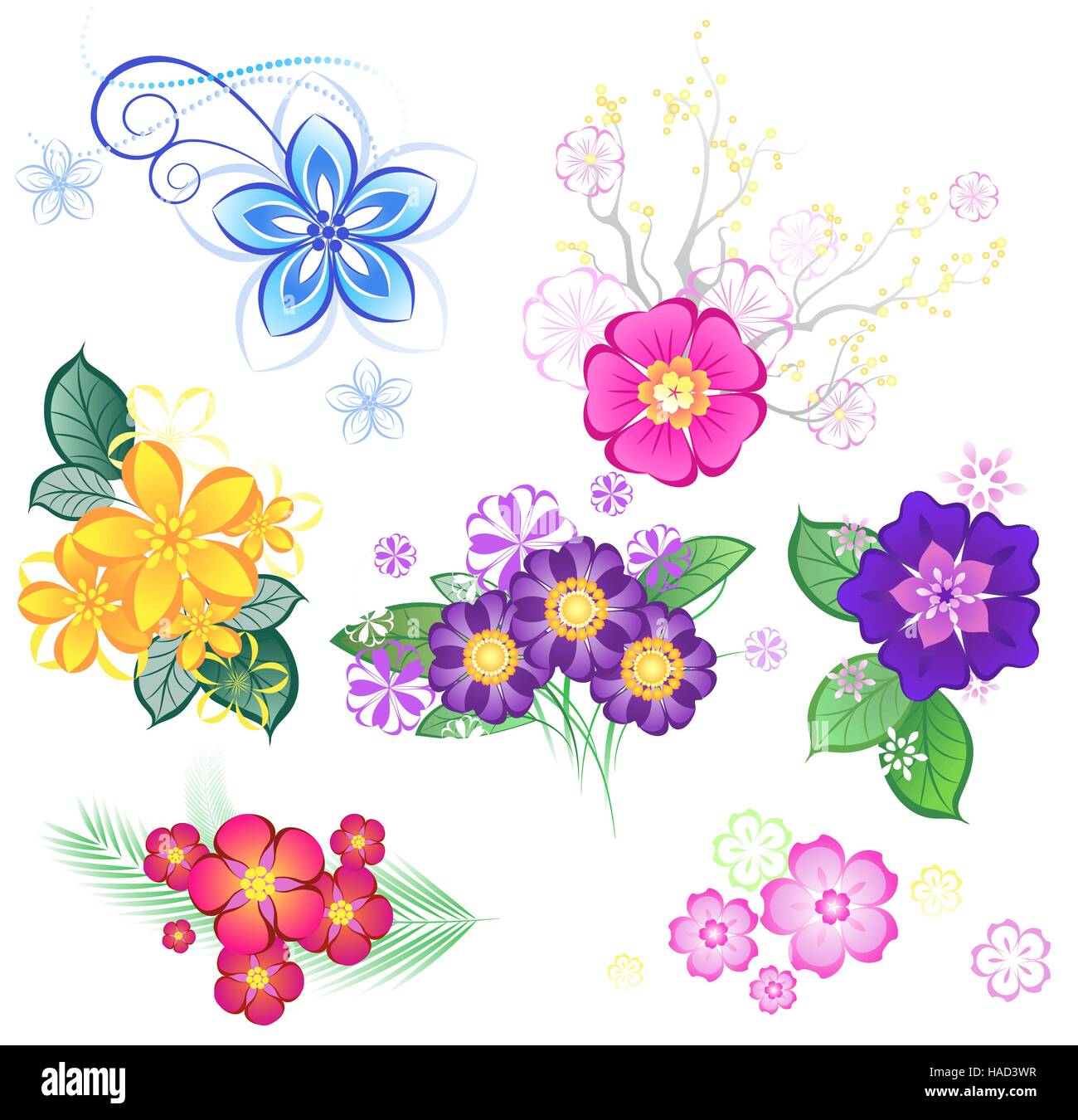 farbige stilisierte Blumen auf weißem Hintergrund. Stock Vektor
