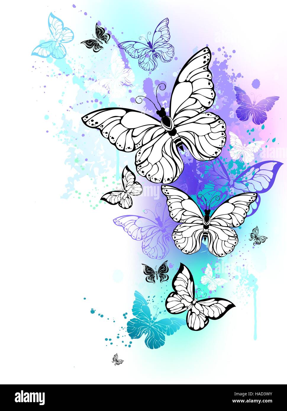 Fliegende Schmetterlinge vor dem Hintergrund der Kontur, Schatten lila und Türkis Aquarellfarbe. Morpho. Design mit blauer Schmetterlinge Morpho. Stock Vektor