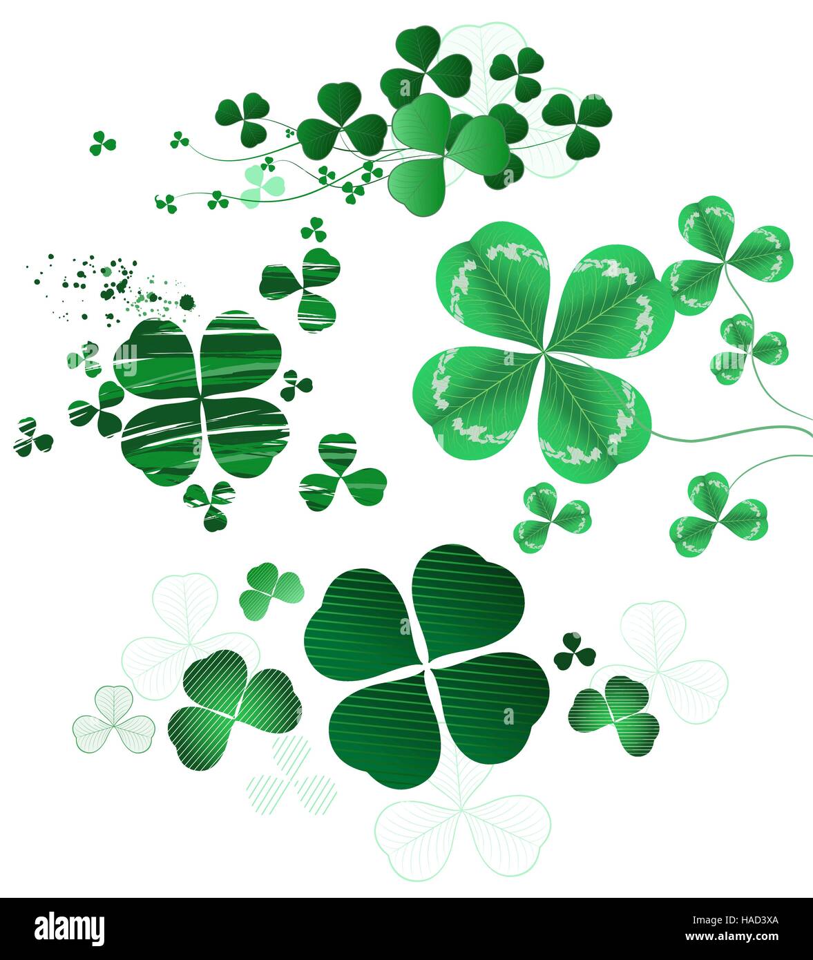 Vierblättriges Kleeblatt in verschiedenen Stilen, Ölfarbe, dünne Kontur und realistischen Stil gemalt Stock Vektor