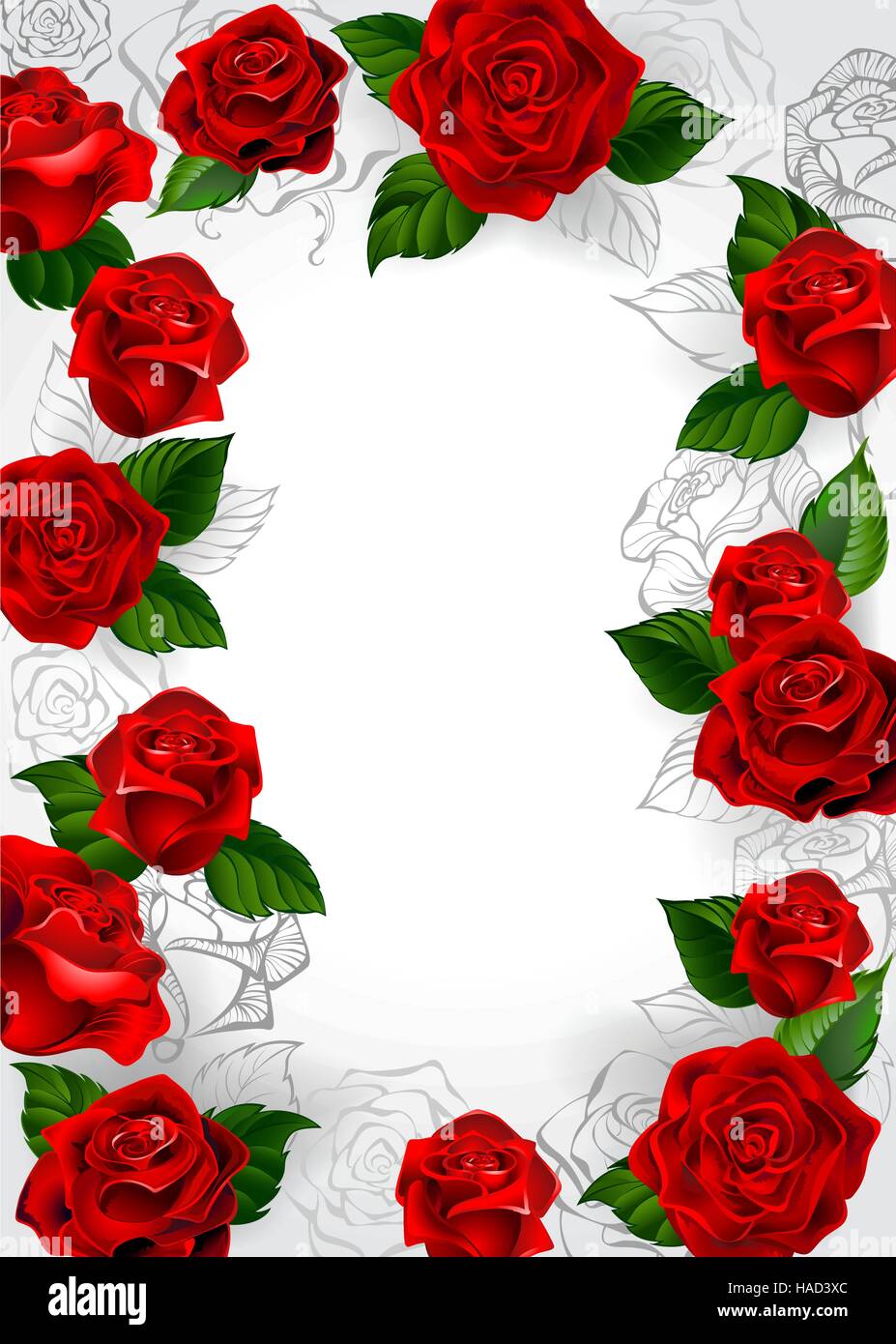 Rahmen der rote Rosen blühen Rosen und Umriss auf einem weißen Hintergrund. Stock Vektor