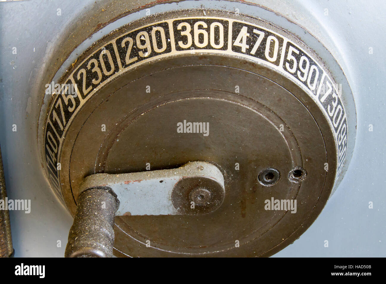 Hautnah auf dem Druck-Zifferblatt der Bohrmaschine Werkzeug. Stockfoto