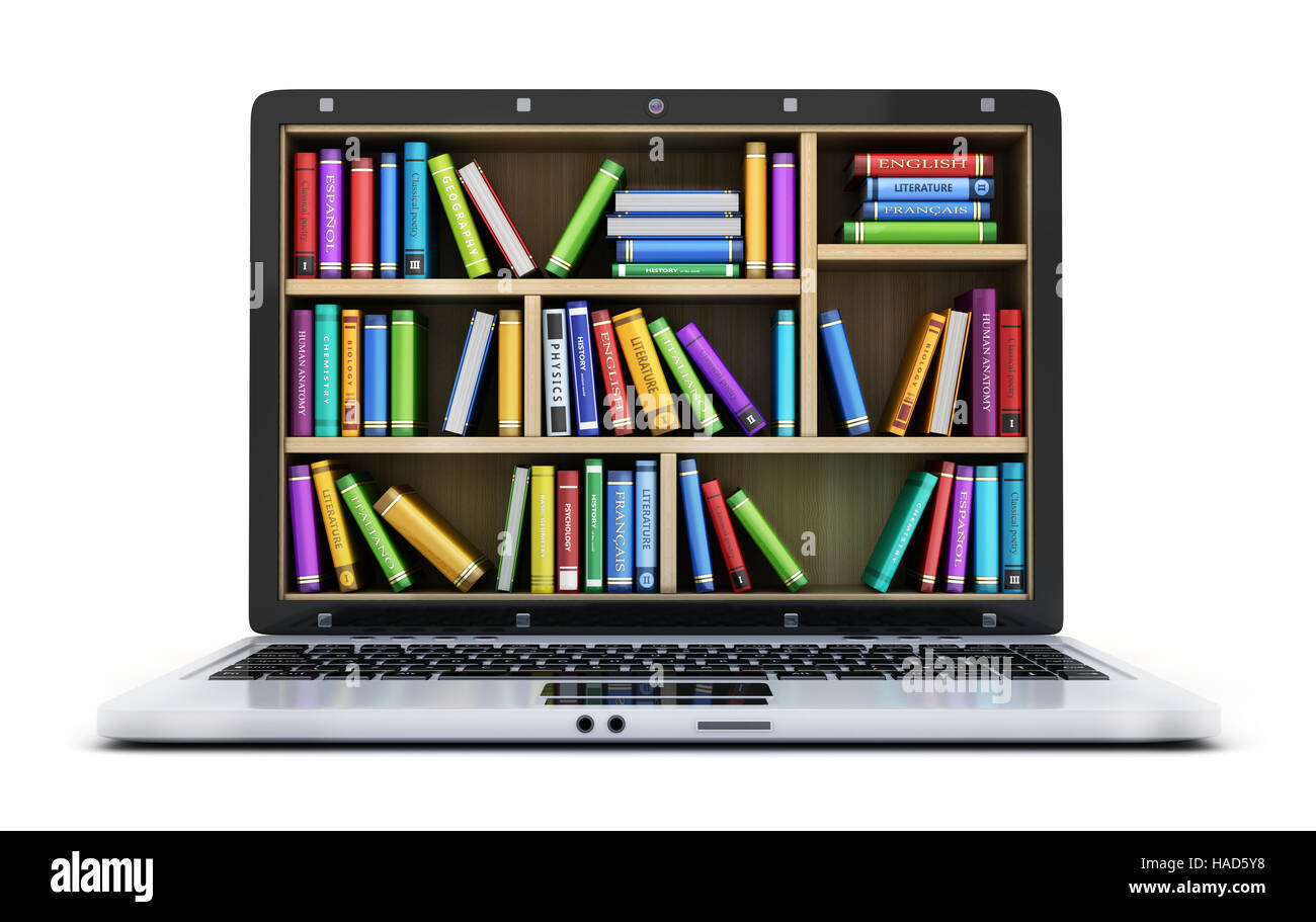 Laptop und viele buchen. 3D illustration Stockfoto