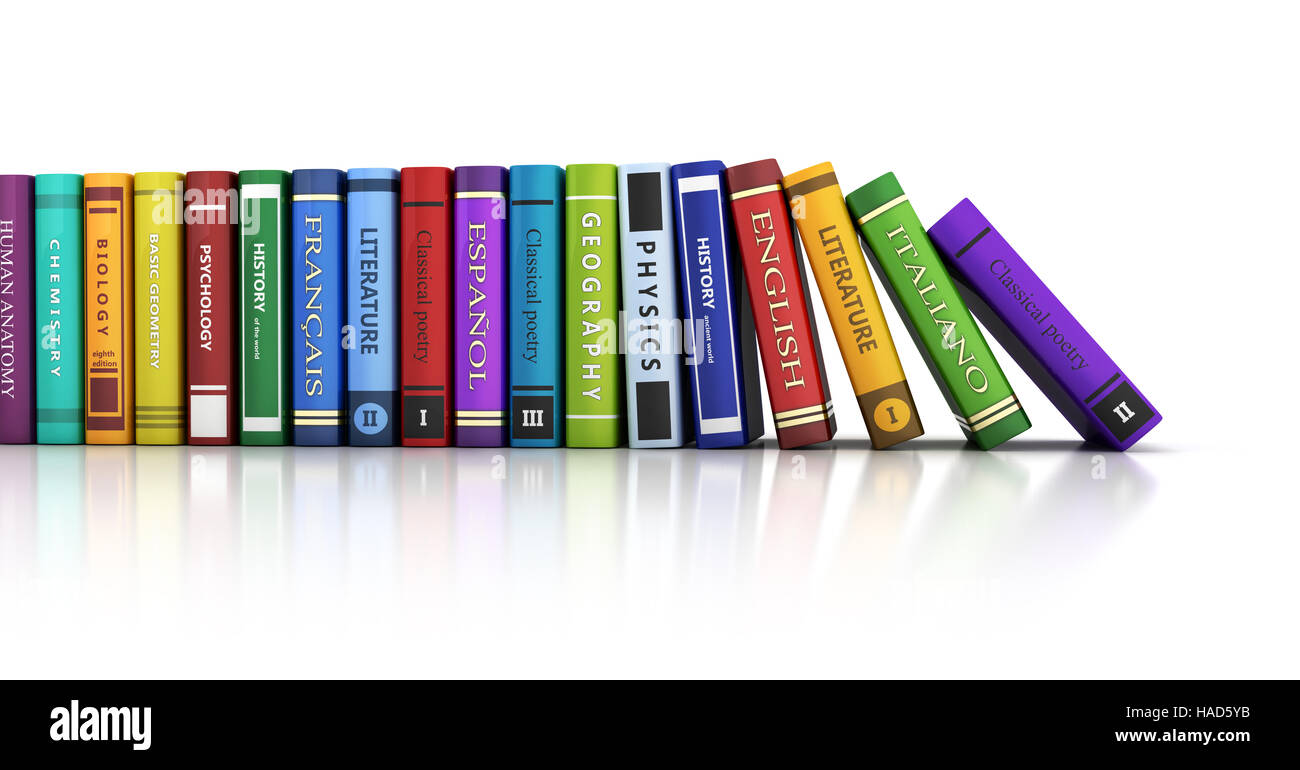 Reihe Bücher und weißem Hintergrund. 3D illustration Stockfoto