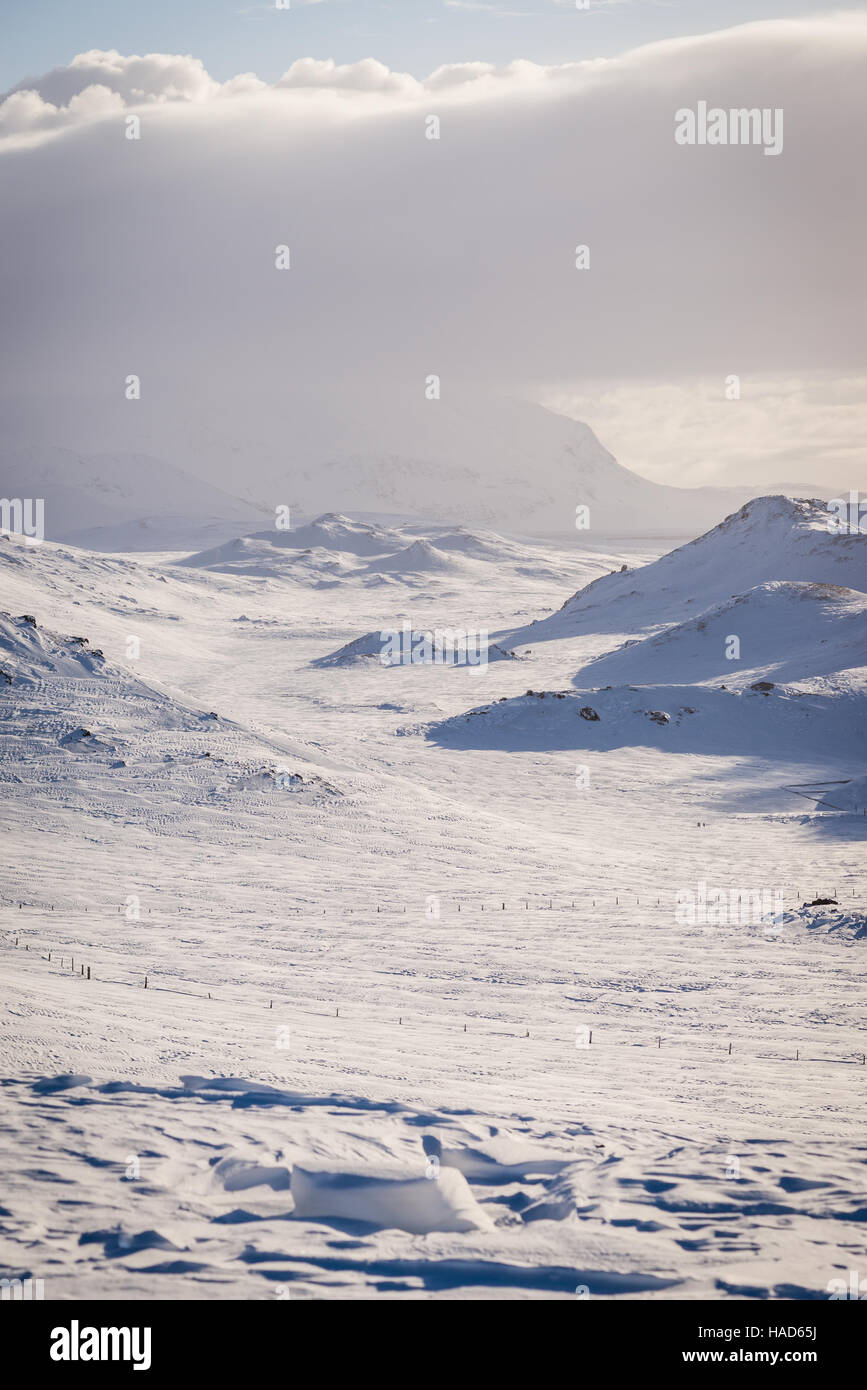 Geothermische Landschaft im Winter in der Nähe von Myvatn See, Island. Stockfoto