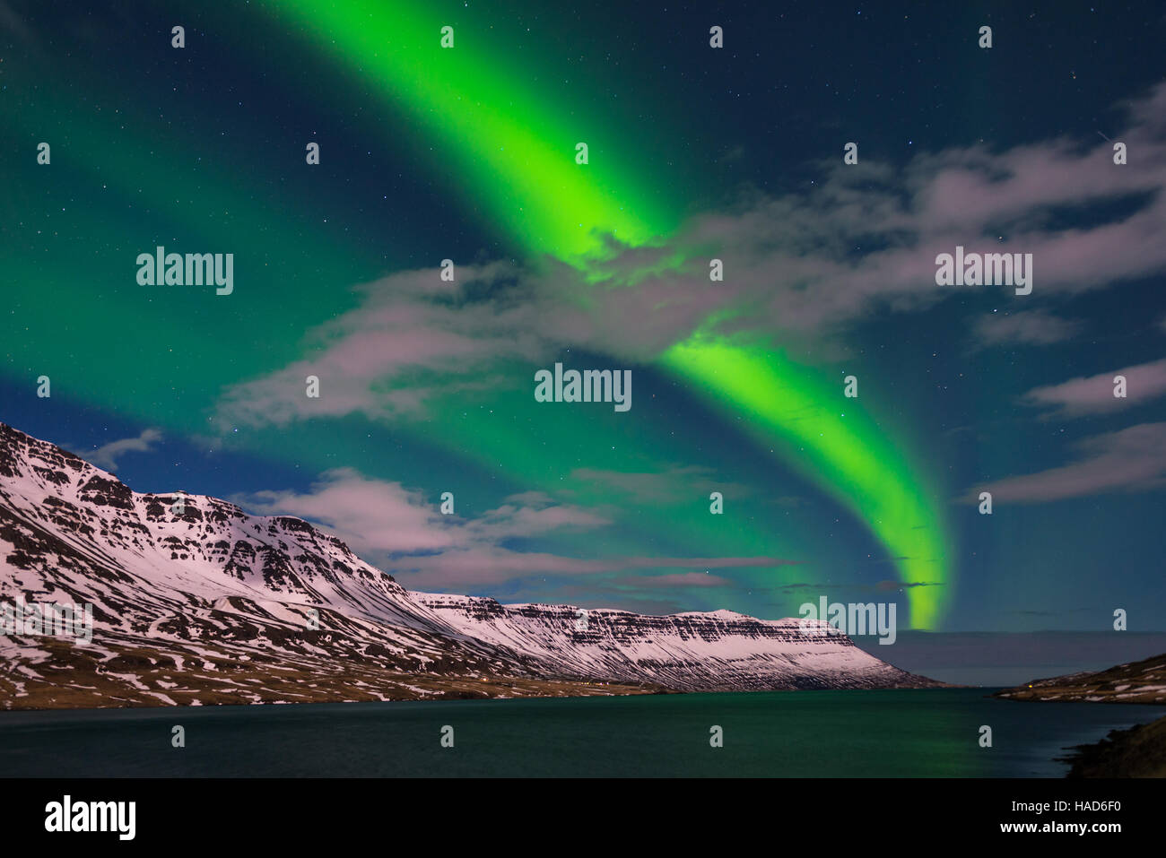 Foto der Nordlichter in Island im Winter. Stockfoto