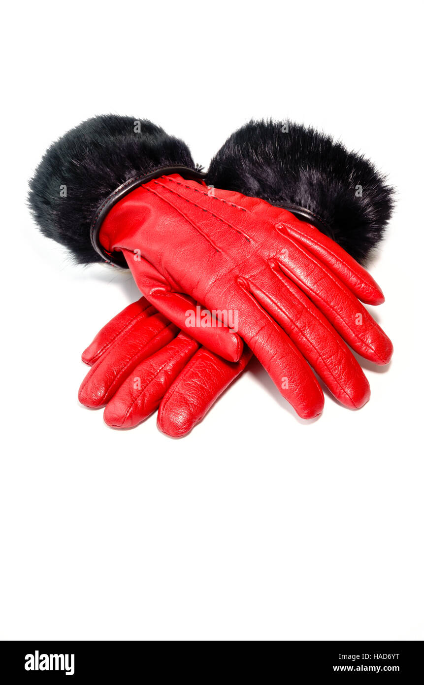 Rote Winter Lederhandschuhe mit Echtpelz für Frauen Stockfoto