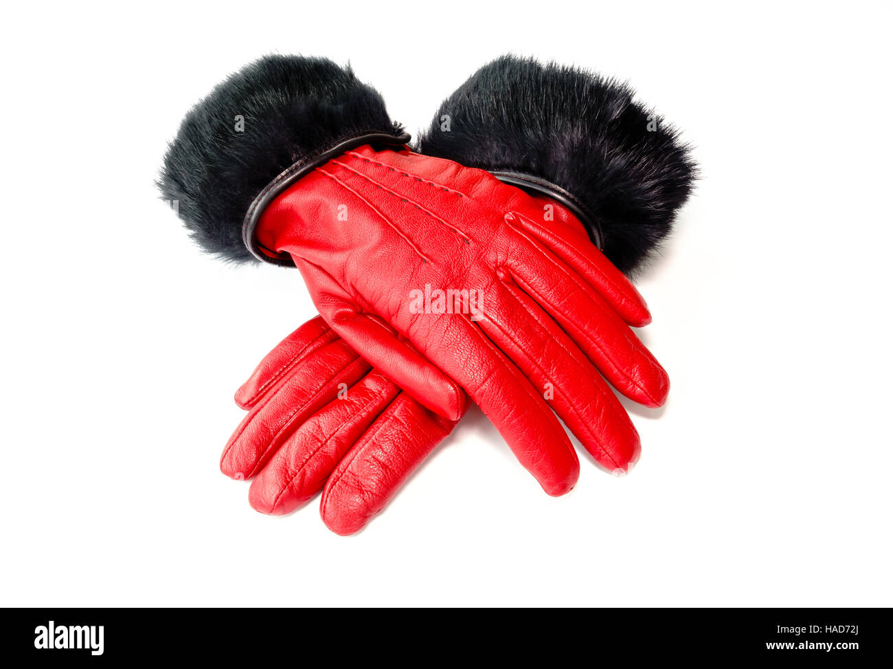Rotem Lederhandschuhe mit Kaninchenfell Stockfoto