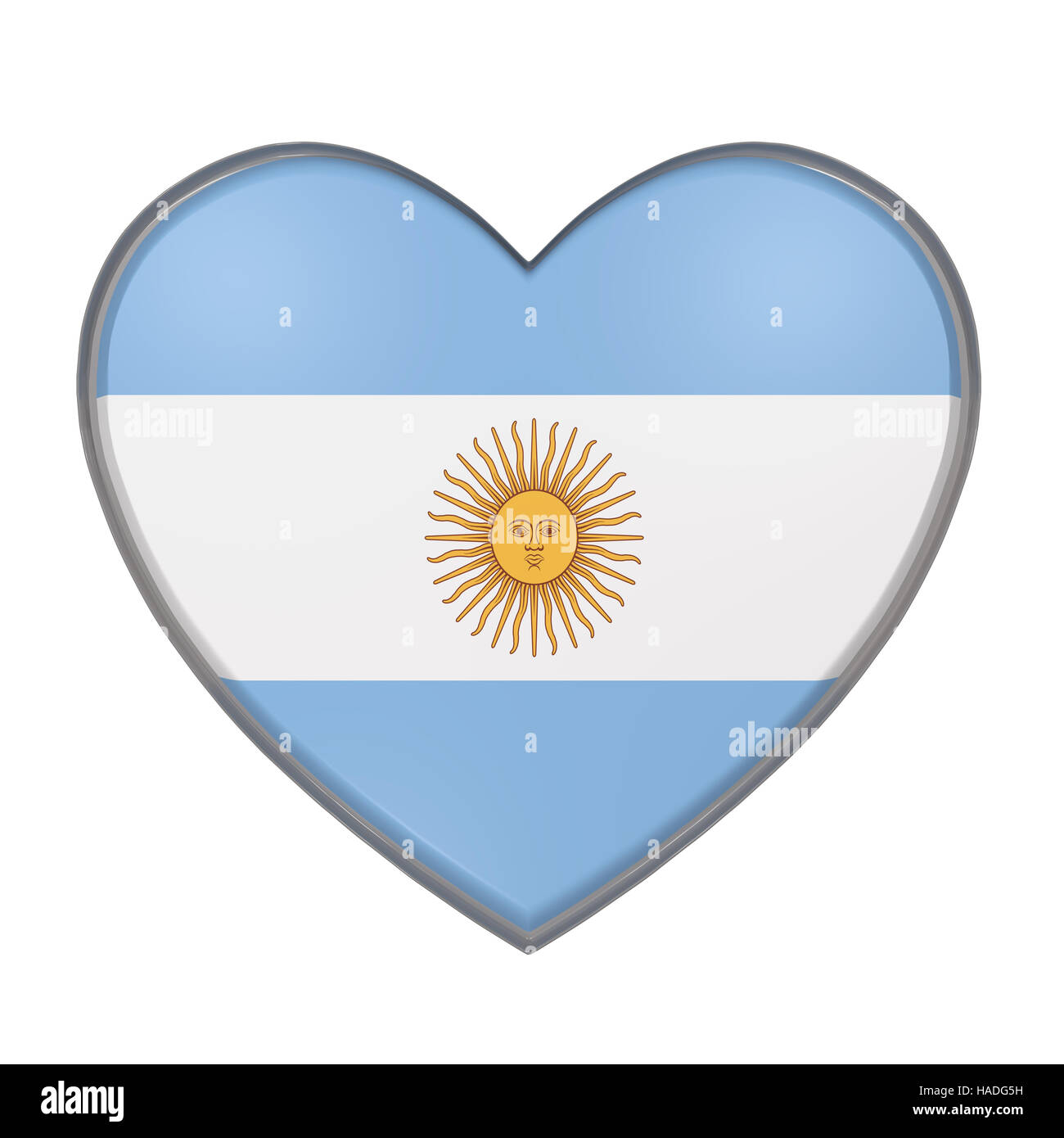 3D-Rendering einer Argentinien-Flagge am Herzen. Weißem Hintergrund Stockfoto