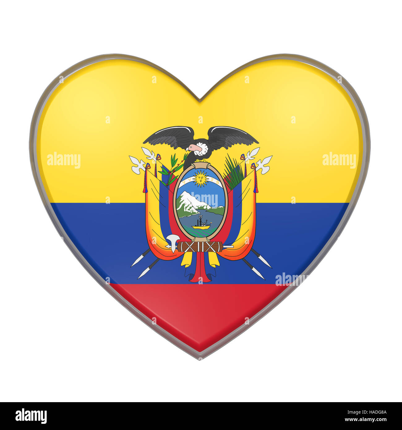 3D-Rendering einer Ecuador-Flagge am Herzen. Weißem Hintergrund Stockfoto