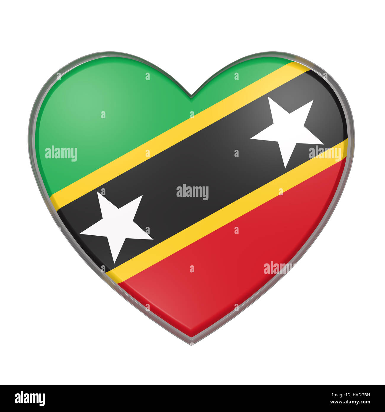 3D-Rendering einer Saint Christopher und Nevis Flagge am Herzen. Weißem Hintergrund Stockfoto