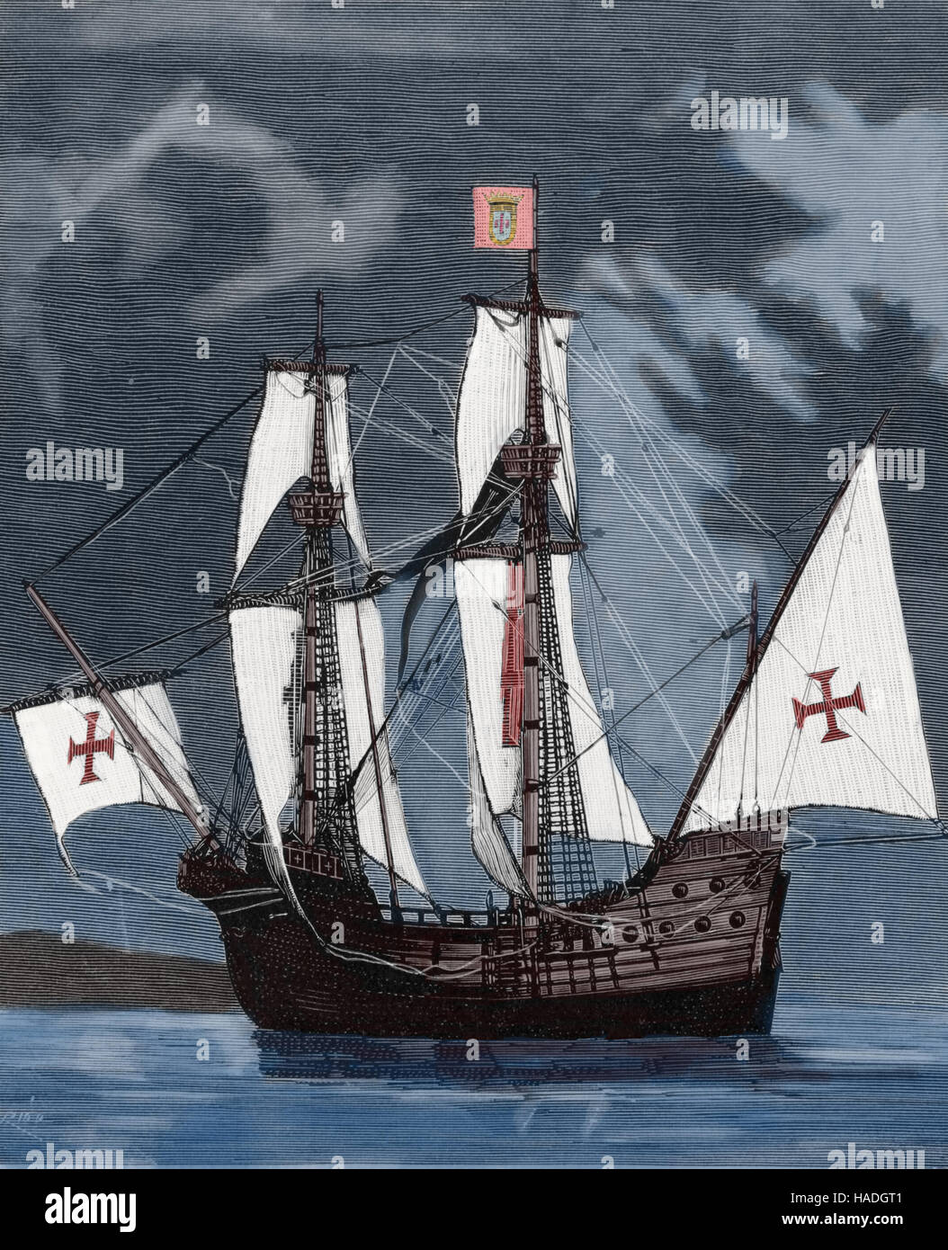 Carrack Santa Maria. Schiff von Christopher Columbus in seiner 1. Reise 1492 verwendet. Kupferstich, 19. Jahrhundert, Farbe. Stockfoto