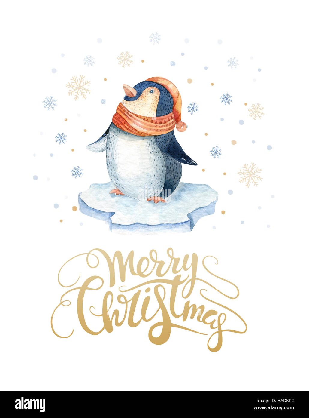 Frohe Weihnachten-Schriftzug mit Aquarell lustige Pinguin. Neujahrskarte  Stockfotografie - Alamy