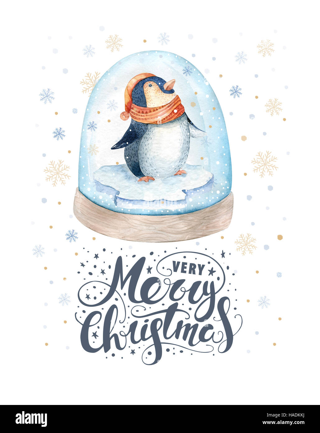 Frohe Weihnachten-Schriftzug mit Aquarell lustige Pinguin Stockfotografie -  Alamy