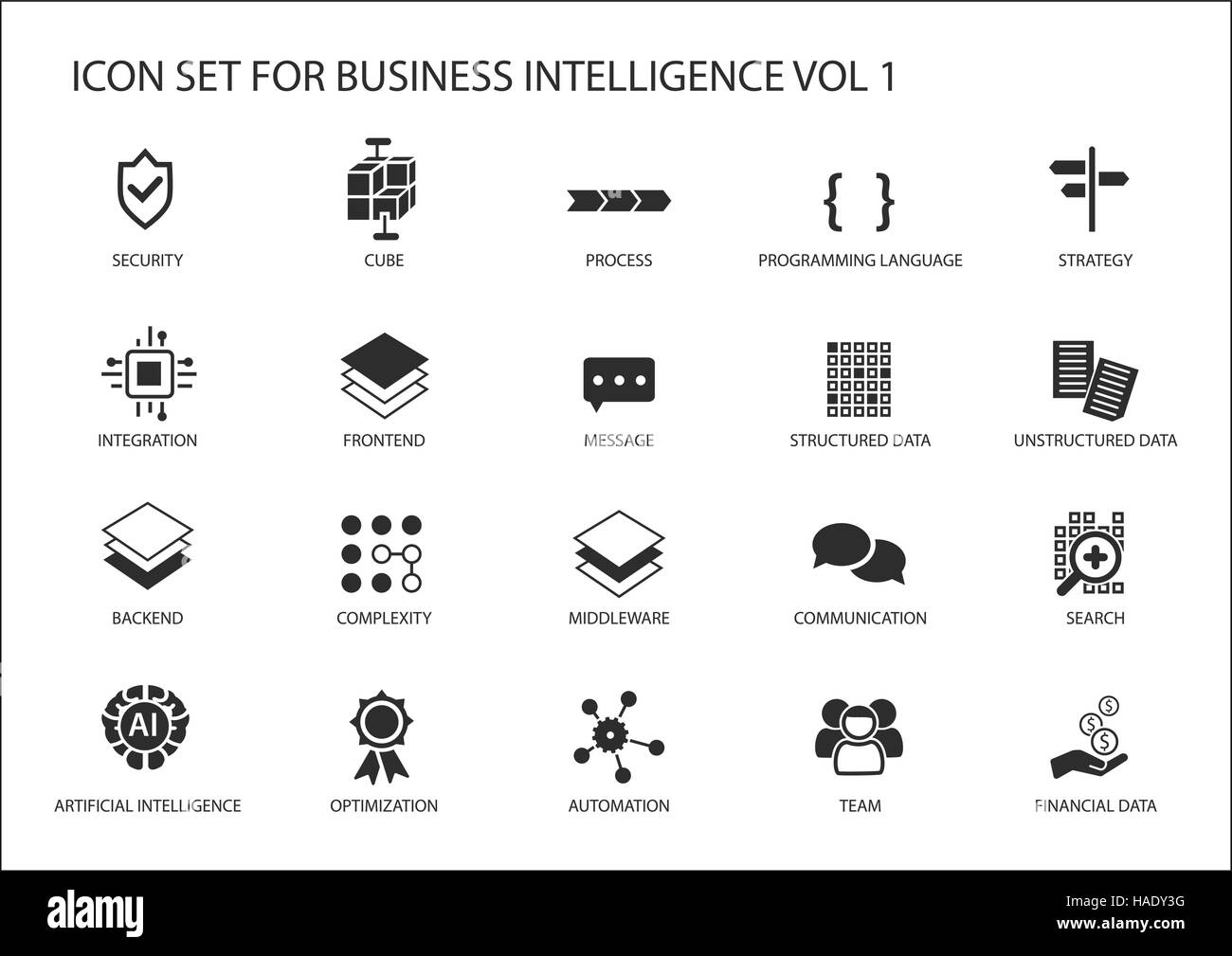 Business Intelligence (BI) Vektor Icon-set Stock Vektor