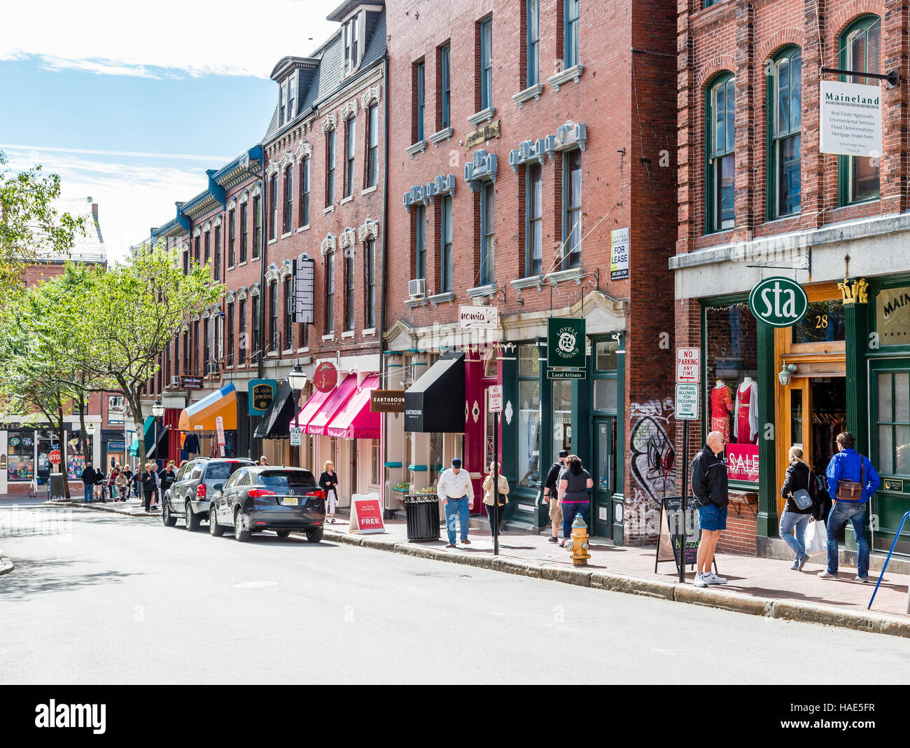 Einkaufsviertel in Portland Maine beschäftigt Stockfoto