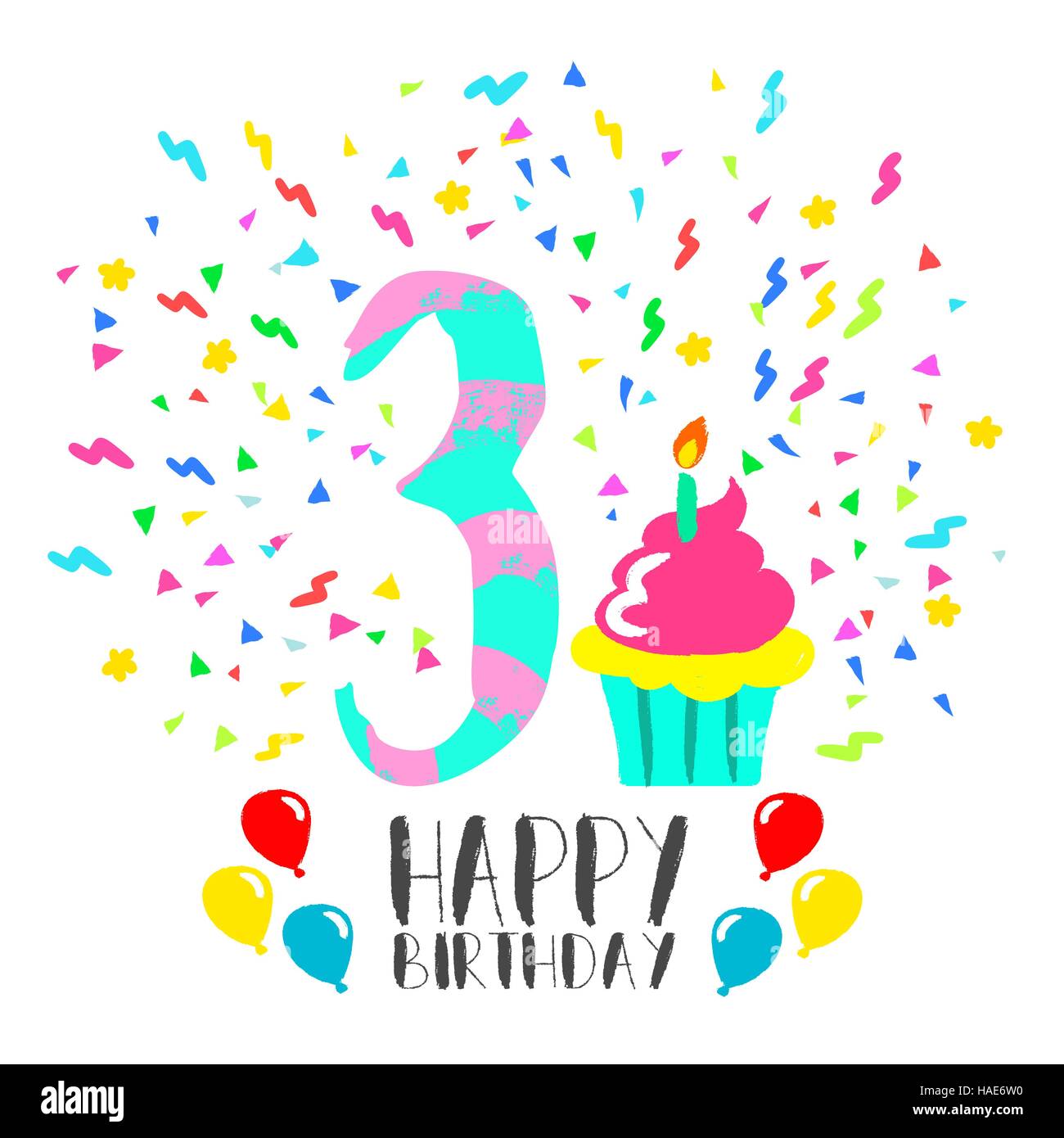 Alles Gute zum Geburtstag Nummer 3, Grußkarte, für drei Jahre in lustigen Kunst Stil mit Party Konfetti und Kuchen. Geburtstag Einladung, Glückwünsche oder celebr Stock Vektor