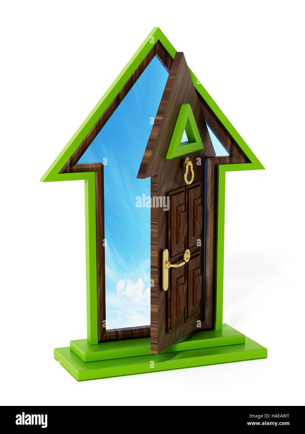 Steigenden Pfeil geformt halb offene Tür. 3D Illustration. Stockfoto