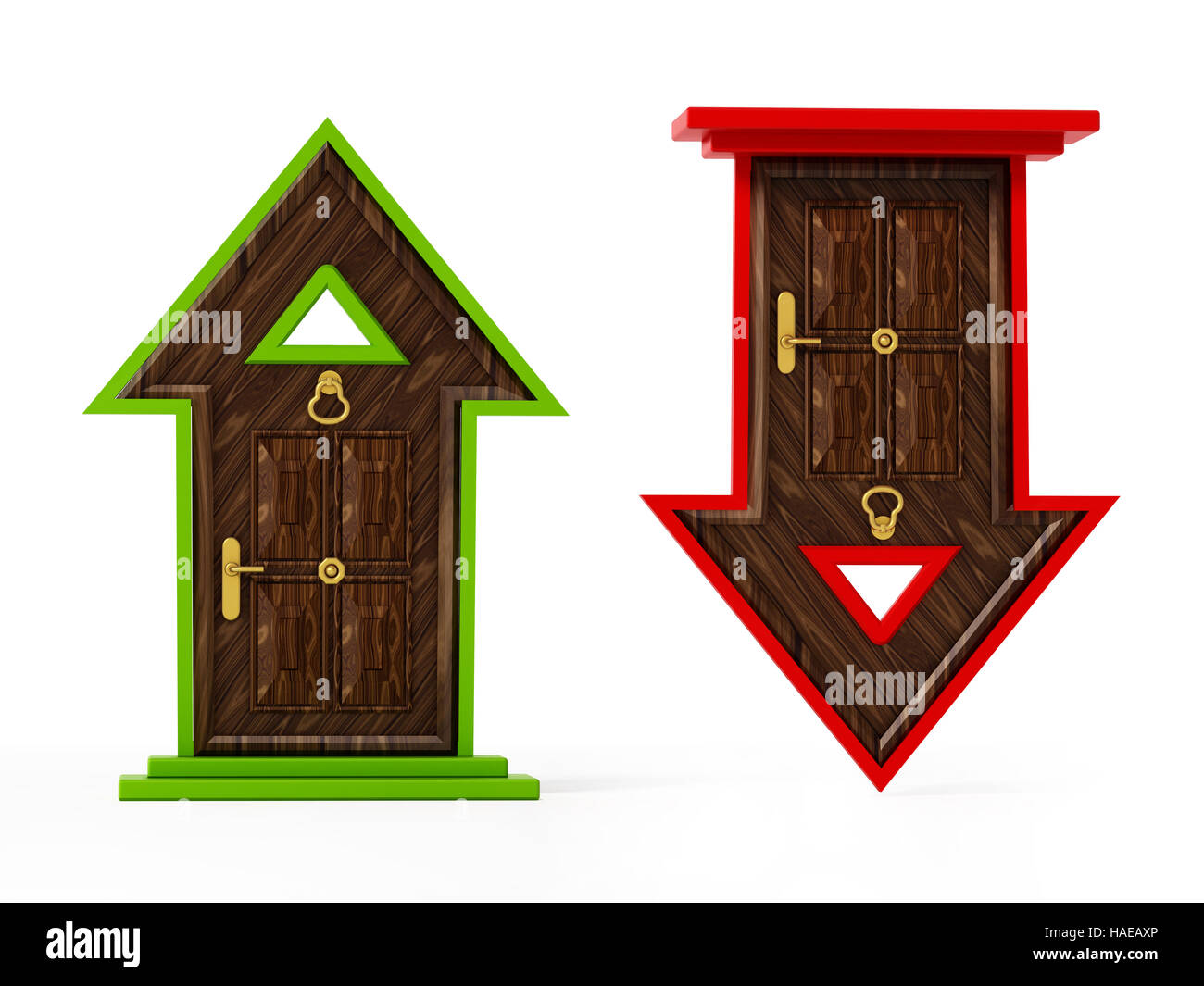 Steigende und fallende Pfeil geformt verschlossenen Türen. 3D Illustration. Stockfoto