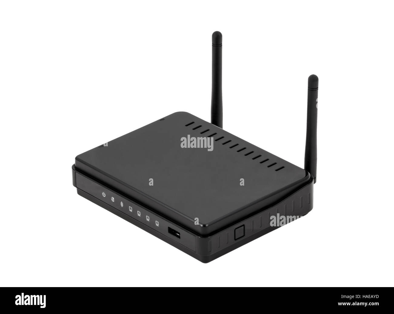 Elektronische Sammlung - schwarz drahtlose Internet Netzwerk WLAN-Router isoliert auf weißem Hintergrund Stockfoto