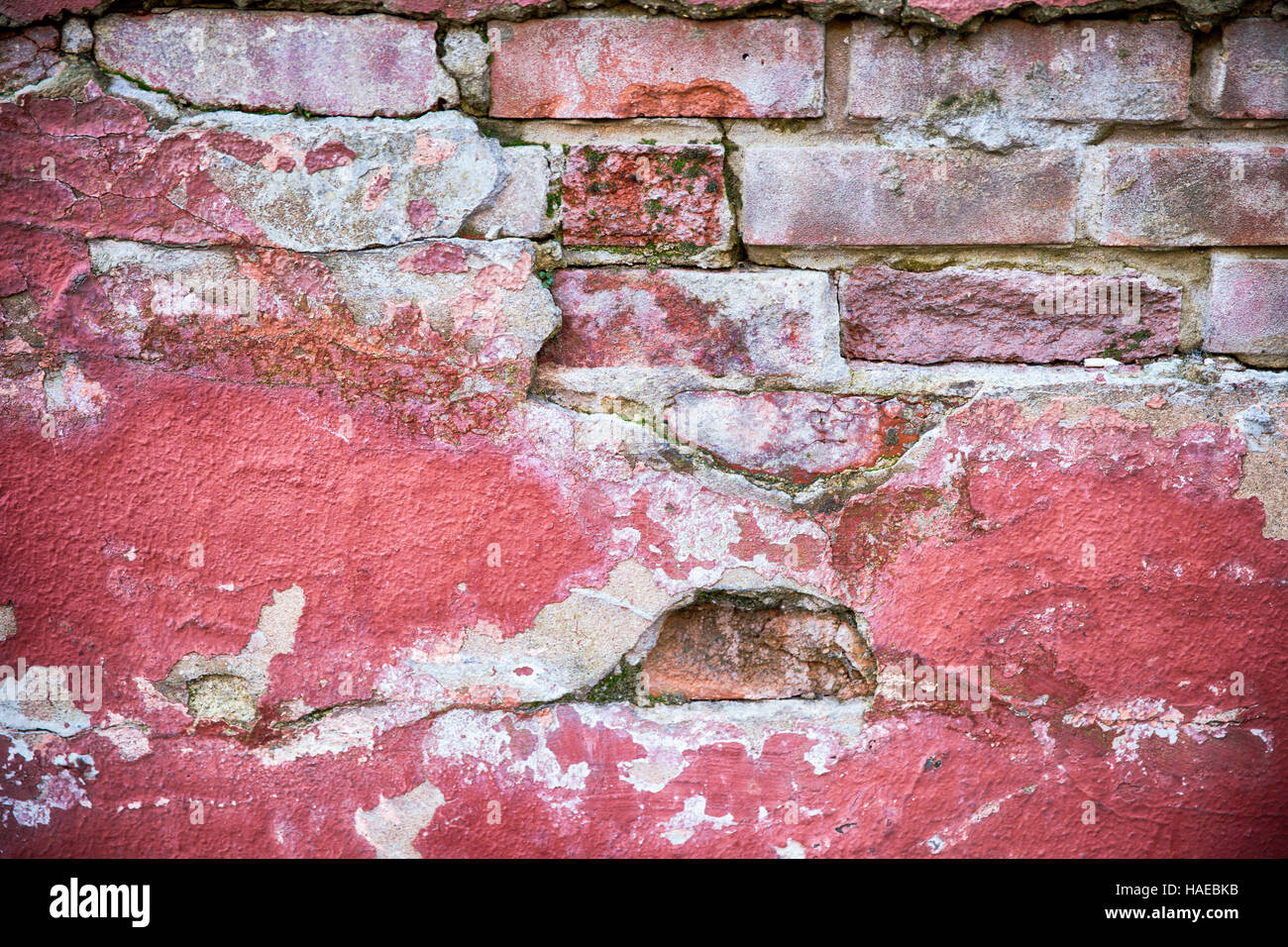Verfallende Wandbeschaffenheit Grunge. Rote Farbe und Backstein mit Gips herunterfallen Stockfoto