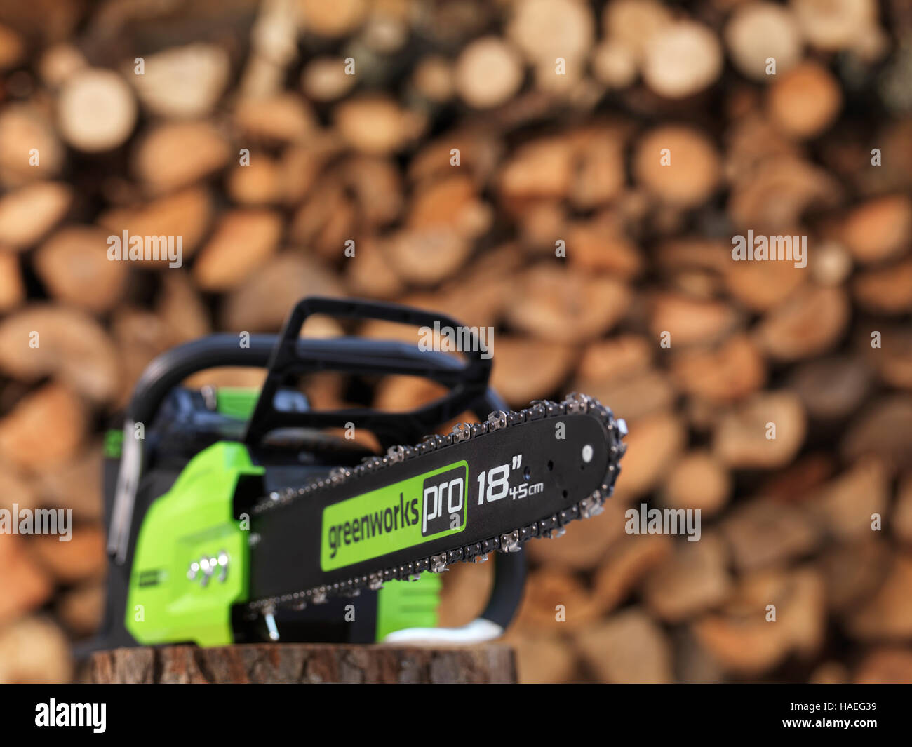 Elektrische Akku Batterie betriebene Kettensäge Greenworks vor einem gestapelten Haufen Brennholz im Hintergrund Stockfoto