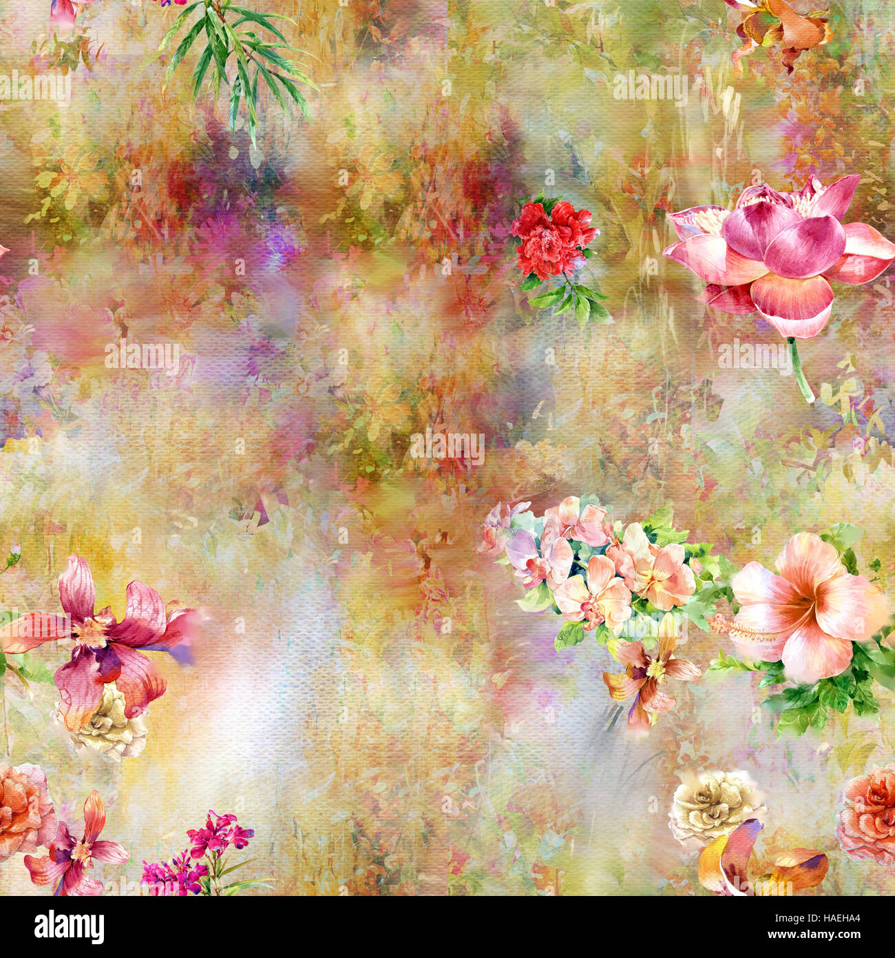 Aquarell von Blatt und Blumen, nahtlose Muster Stockfoto