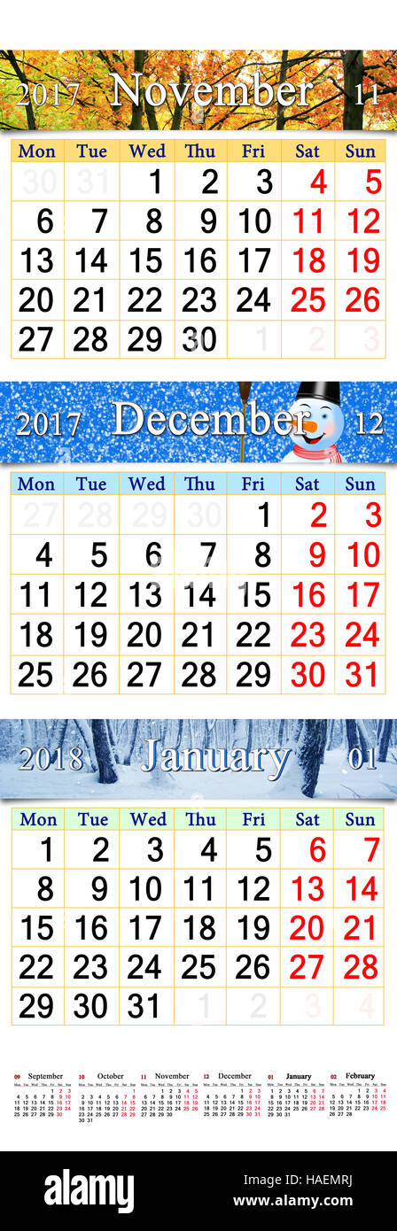 Dreifach-Kalender für November Dezember 2017 und Januar 2018 mit farbigen Bildern Stockfoto