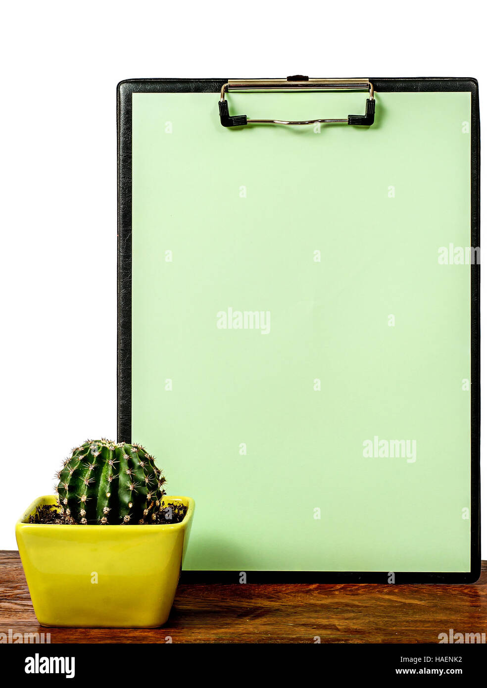 Kaktus auf dem Schreibtisch in der Nähe der grünliche Board isoliert auf weißem Hintergrund Stockfoto